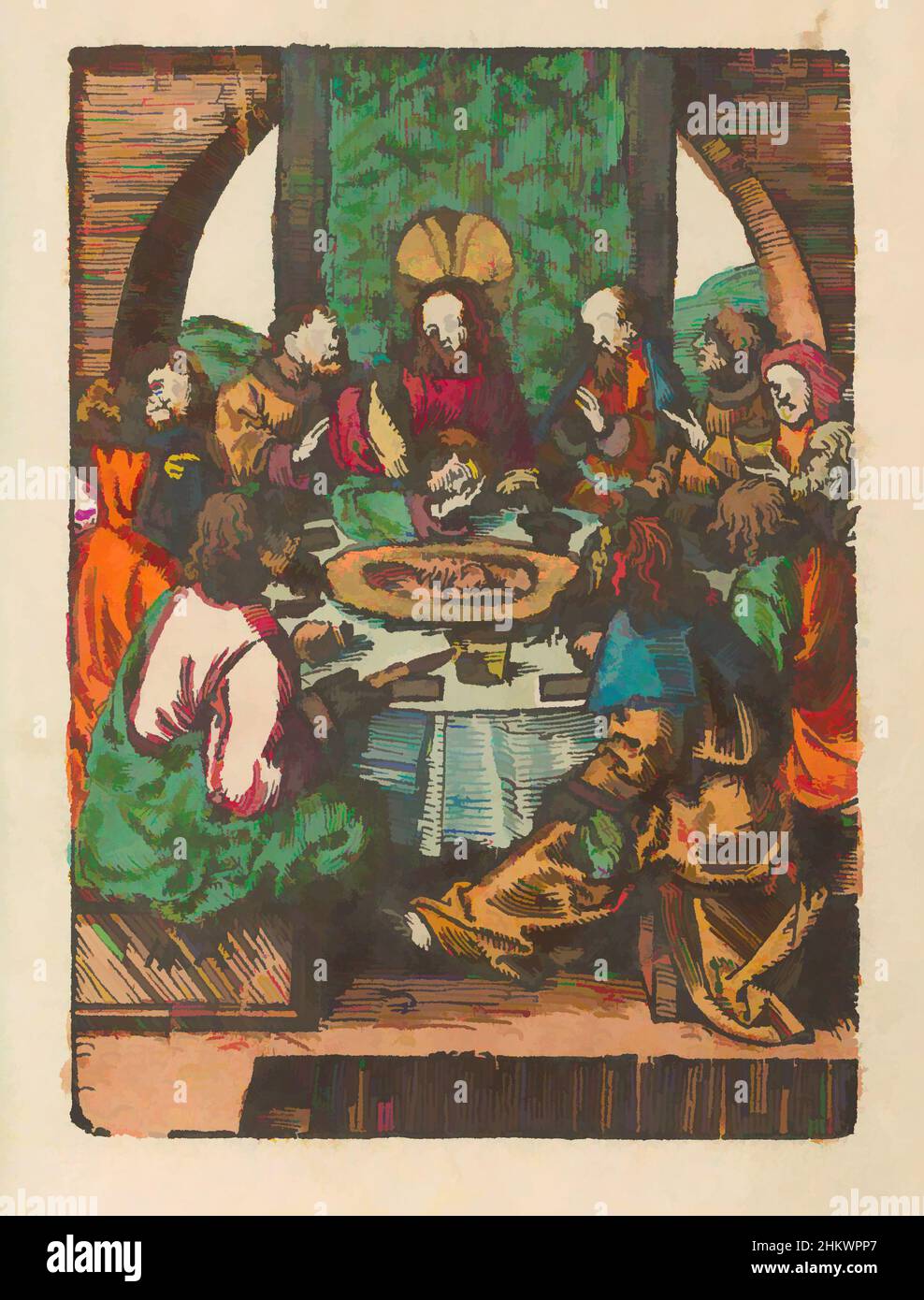 Art inspired by Last Supper, The Little Passion (series title), Stupid Passion (series title), Christ sits with his disciples at the Last Supper. John lays his head against Christ's chest. The paschal lamb lies on a platter on the table. In the foreground Judas with the bag of silver, Classic works modernized by Artotop with a splash of modernity. Shapes, color and value, eye-catching visual impact on art. Emotions through freedom of artworks in a contemporary way. A timeless message pursuing a wildly creative new direction. Artists turning to the digital medium and creating the Artotop NFT Stock Photo