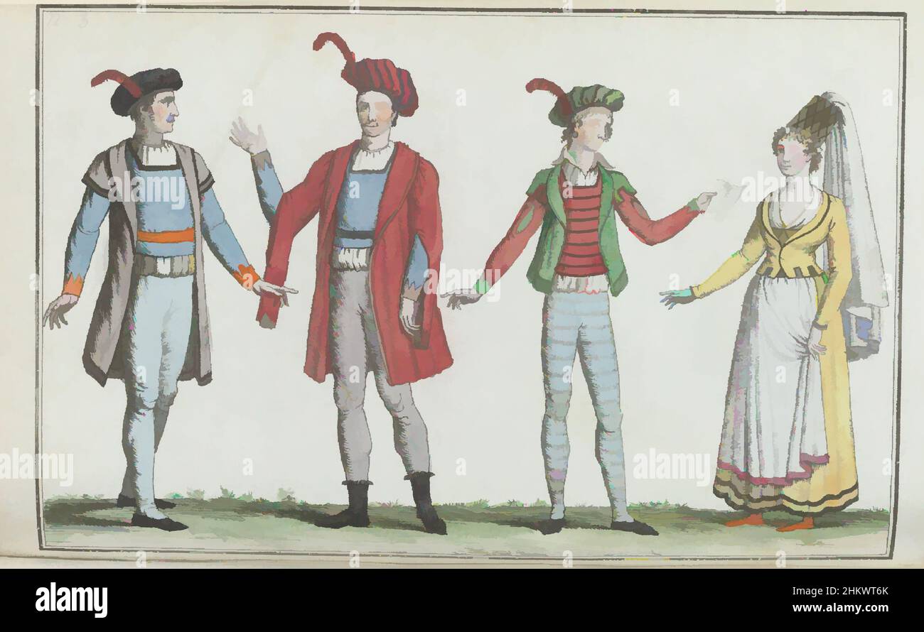 Art inspired by Le Mois, Journal historique, littéraire et critique, avec figures, Tome 1, No. 3, An. 7 (1798-1799), Four actors, numbered one through four, from the comedy Le Val-de-Vire. According to the accompanying text in the magazine (p. 300 and 301), these are theatrical costumes, Classic works modernized by Artotop with a splash of modernity. Shapes, color and value, eye-catching visual impact on art. Emotions through freedom of artworks in a contemporary way. A timeless message pursuing a wildly creative new direction. Artists turning to the digital medium and creating the Artotop NFT Stock Photo