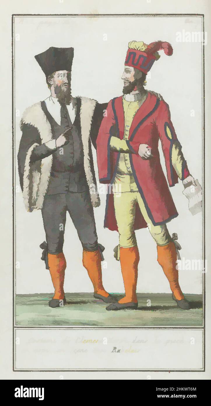 Art inspired by Le Mois, Journal historique, littéraire et critique, avec figures, Tome 1, No. 2, page 167, An. 7 (1798-1799): 1. Costume de Clement Marot..., Two theatrical costumes. According to the caption: 1. Costume of Clement Marot, 'dans la piece de ce nom,' in a sçene with, Classic works modernized by Artotop with a splash of modernity. Shapes, color and value, eye-catching visual impact on art. Emotions through freedom of artworks in a contemporary way. A timeless message pursuing a wildly creative new direction. Artists turning to the digital medium and creating the Artotop NFT Stock Photo