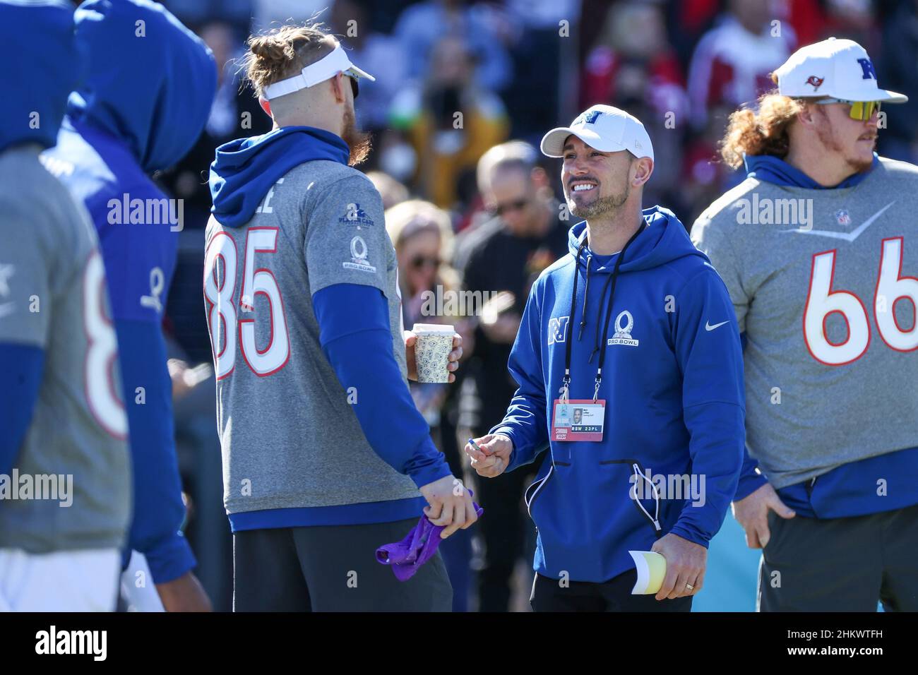 Las Vegas, Nevada, USA. 5th Feb, 2022. Green Bay Packers head coach Matt LaFluer and San Francisco 49ers tight end George Kittle (85) during the NFC Pro Bowl Practice at Las Vegas Ballpark in Las Vegas, Nevada. Darren Lee/CSM/Alamy Live News Stock Photo