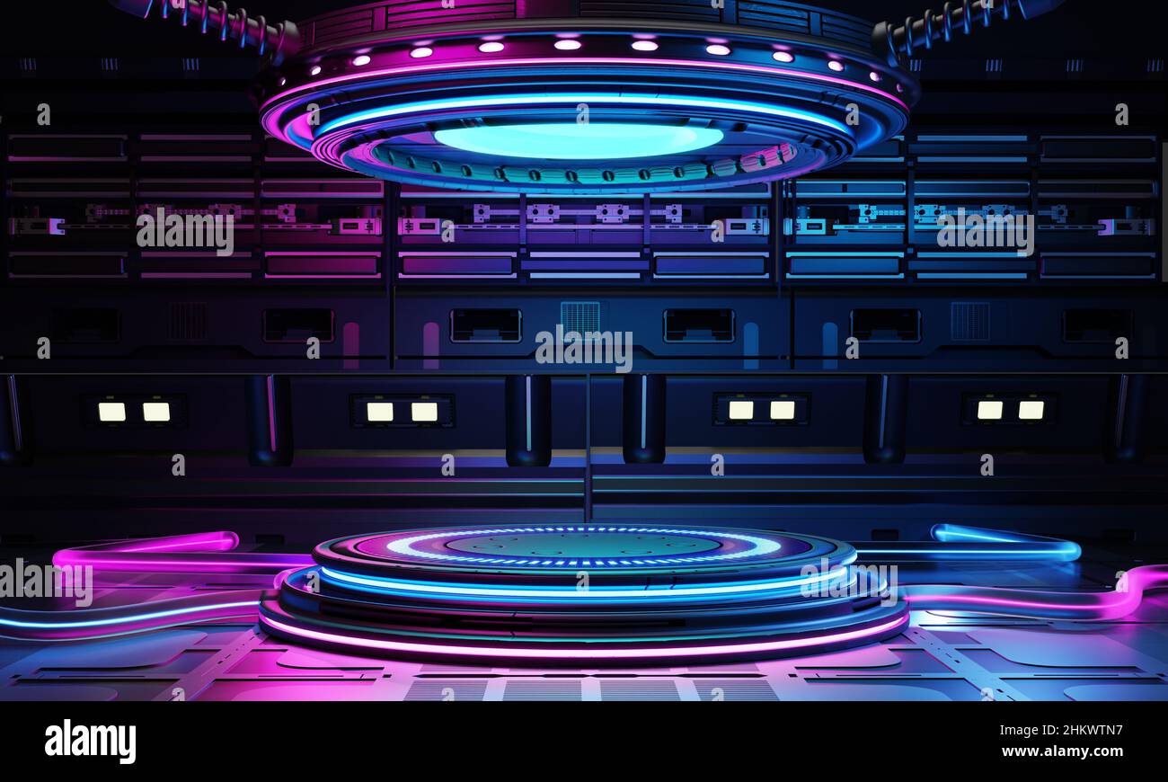 Cyberpunk sci-fi product podium showcase in spaceship base with blue and pink background. Technology and object concept. 3D illustration rendering Stock Photo