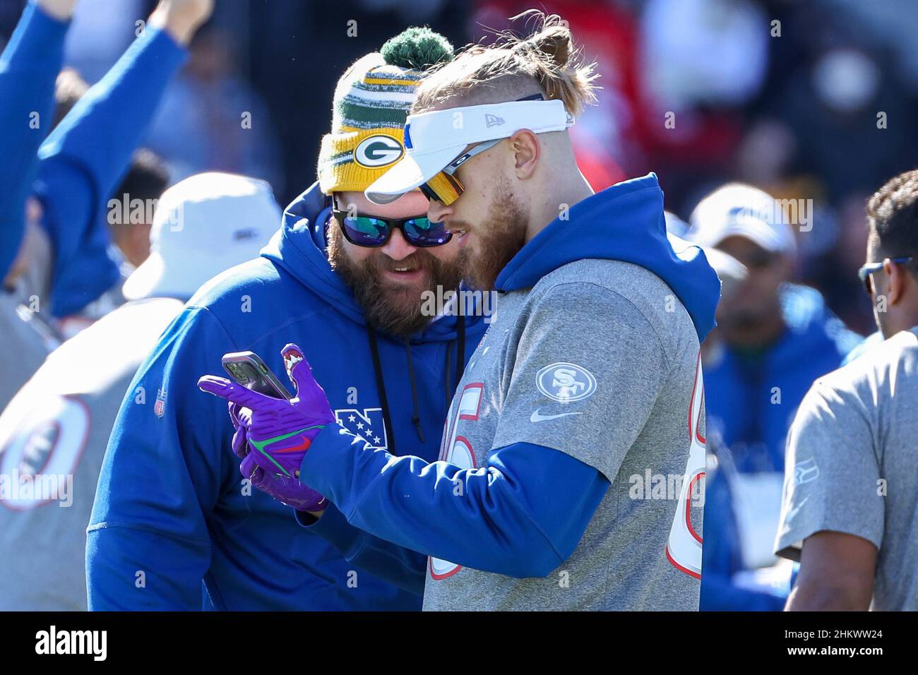 Las Vegas, Nevada, USA. 5th Feb, 2022. San Francisco 49ers tight end George Kittle (85) and coach having a laugh during the NFC Pro Bowl Practice at Las Vegas Ballpark in Las Vegas, Nevada. Darren Lee/CSM/Alamy Live News Stock Photo