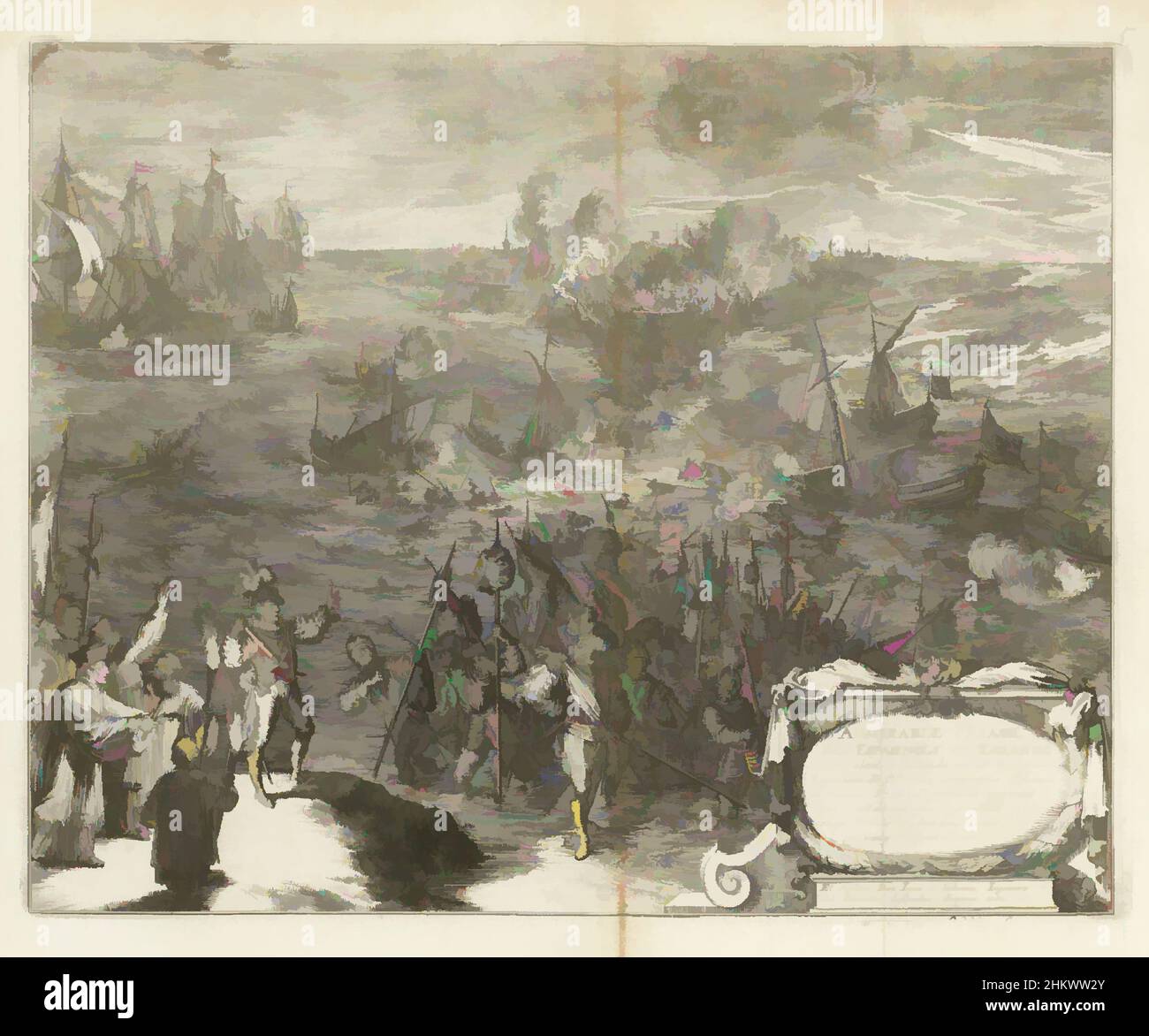 Art inspired by Night march of Spanish soldiers to Duiveland, 1575, Admirable Pas[s]age des Espagnols en Zelande, Guerres de Flandres (series title), Night march of Spanish soldiers to Duiveland, September 28, 1575. Spanish soldiers wade through the water to Duiveland. In the foreground, Classic works modernized by Artotop with a splash of modernity. Shapes, color and value, eye-catching visual impact on art. Emotions through freedom of artworks in a contemporary way. A timeless message pursuing a wildly creative new direction. Artists turning to the digital medium and creating the Artotop NFT Stock Photo