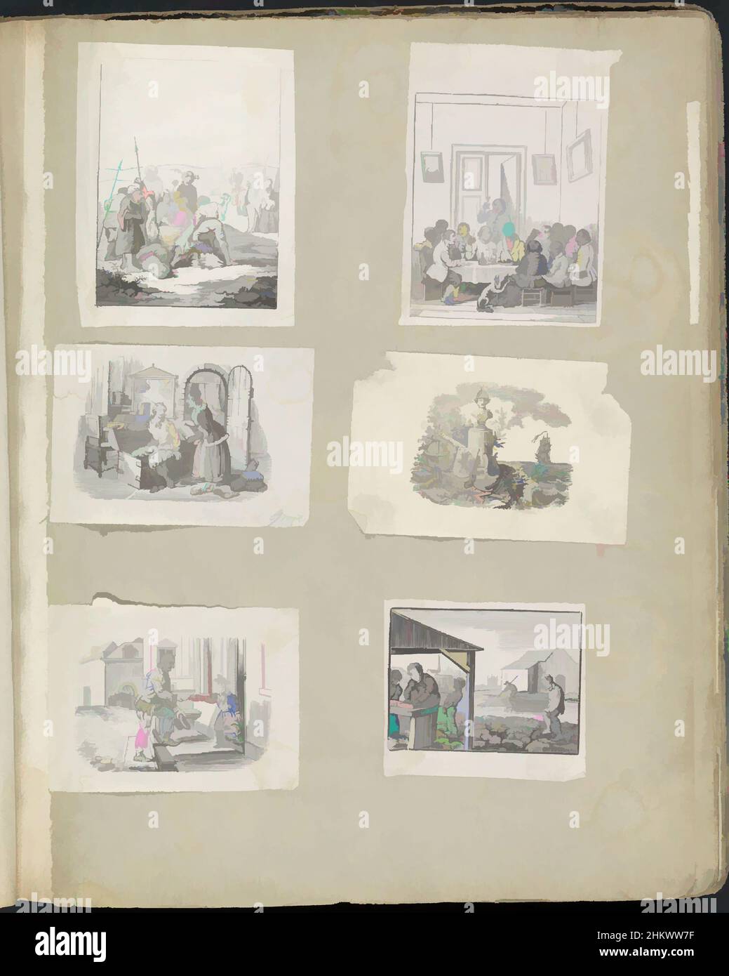 Art inspired by Album sheet with various representations, Album sheet with 6 cut-out representations from mainly folk prints, of, among others, a group of men around a dead camel, Hugo de Groot climbing into the book chest and a boy giving food to a beggar., print maker: Alexander, Classic works modernized by Artotop with a splash of modernity. Shapes, color and value, eye-catching visual impact on art. Emotions through freedom of artworks in a contemporary way. A timeless message pursuing a wildly creative new direction. Artists turning to the digital medium and creating the Artotop NFT Stock Photo