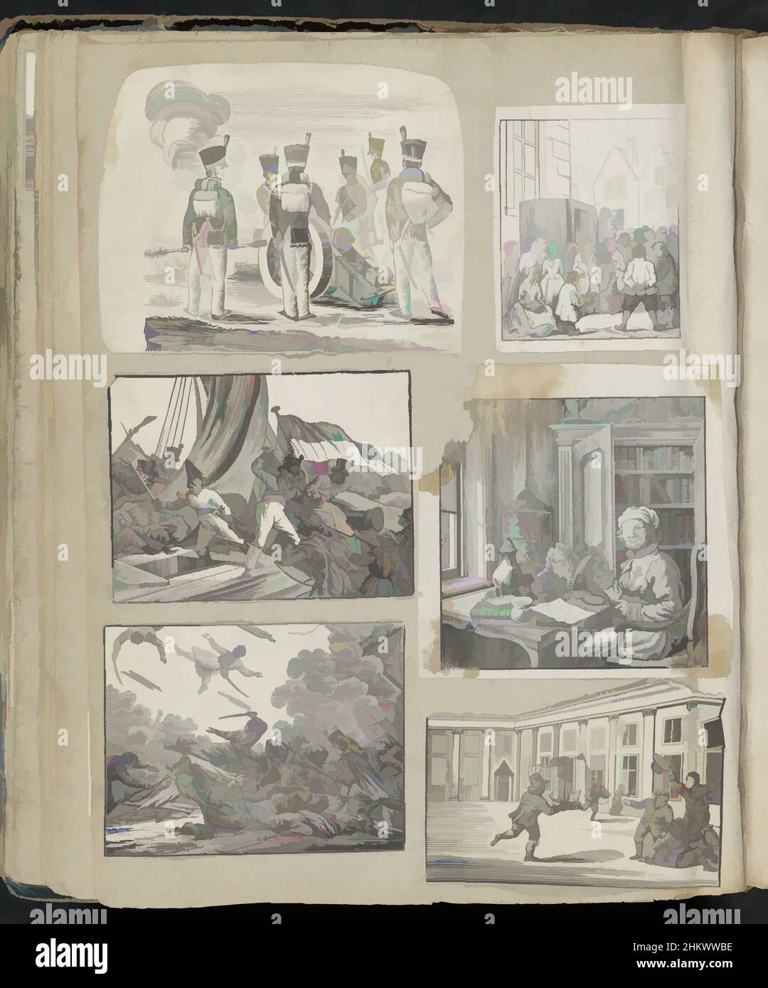 Art inspired by Album sheet with various representations, Album sheet with 6 cut-out representations from mainly folk prints, of, among others, soldiers firing a cannon, a crowd in the street, a scholar in his study and children playing., print maker: Alexander Cranendoncq, Nijmegen, Classic works modernized by Artotop with a splash of modernity. Shapes, color and value, eye-catching visual impact on art. Emotions through freedom of artworks in a contemporary way. A timeless message pursuing a wildly creative new direction. Artists turning to the digital medium and creating the Artotop NFT Stock Photo