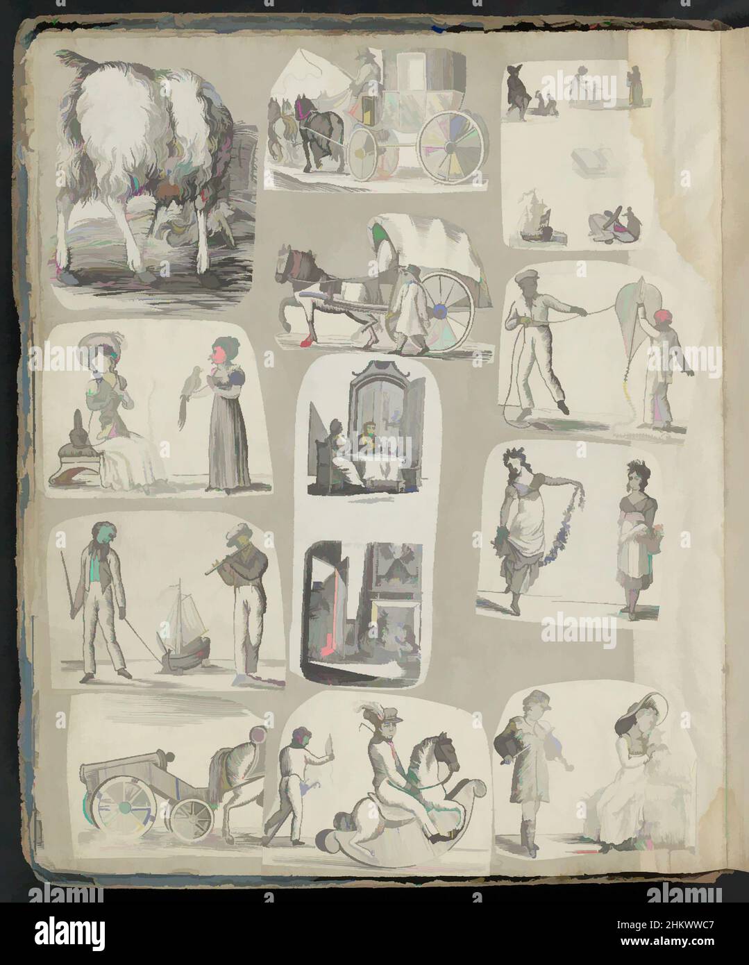 Art inspired by Album sheet with various representations, Album sheet with 11 cut-out representations from mainly folk prints, including of a buck, carriages and children's games. Lower left corner is cut out., print maker: Alexander Cranendoncq, Nijmegen, 1814 - 1869, paper, snipping, Classic works modernized by Artotop with a splash of modernity. Shapes, color and value, eye-catching visual impact on art. Emotions through freedom of artworks in a contemporary way. A timeless message pursuing a wildly creative new direction. Artists turning to the digital medium and creating the Artotop NFT Stock Photo