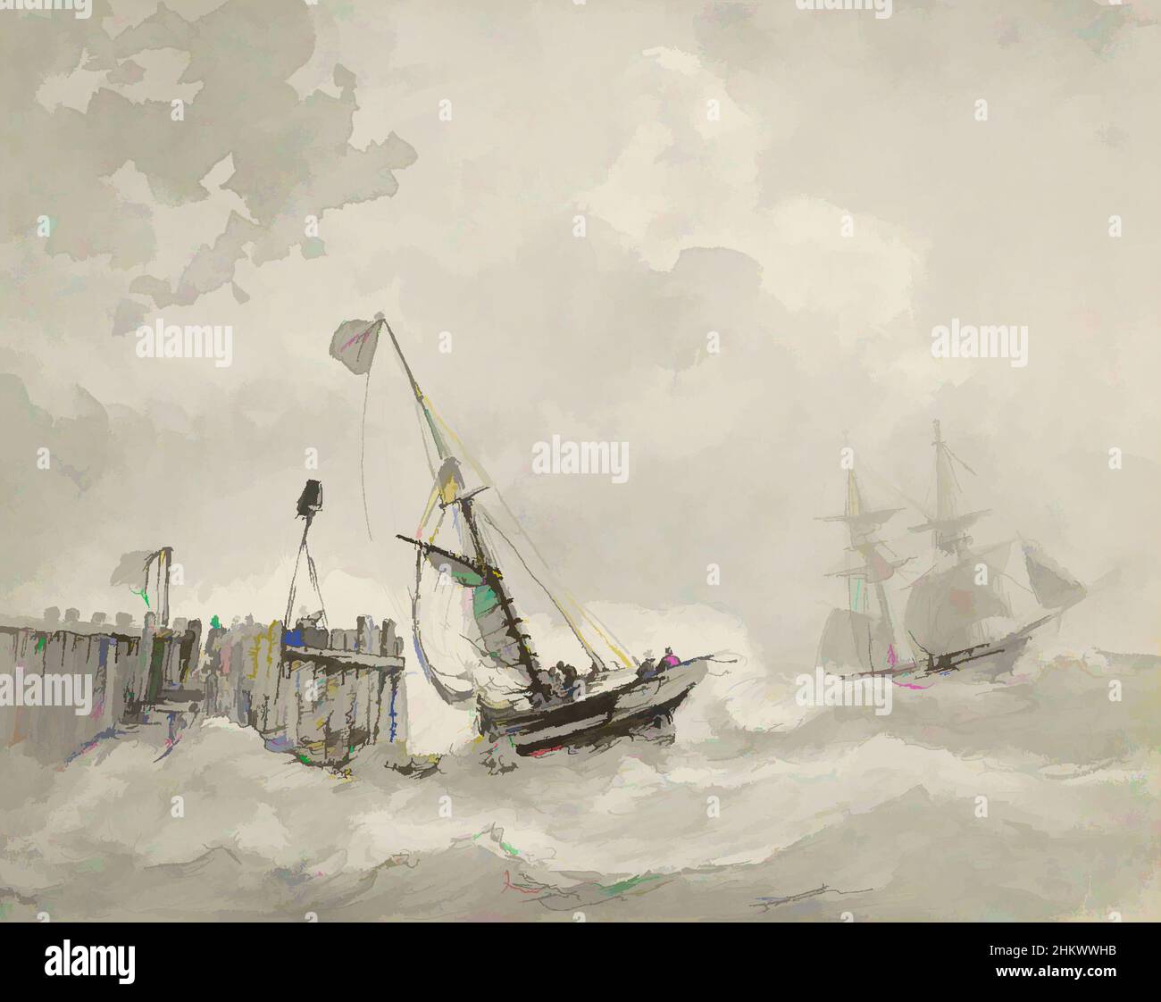 Art inspired by Two Figures by a Small Watergate, n.d., Etching on blue  paper, plate: 3 1/16 x 4 7/16 in. (7.8 x 11.4 cm), Prints, Henri-Joseph  Harpignies (French, Valenciennes 1819–1916 Saint-Privé,