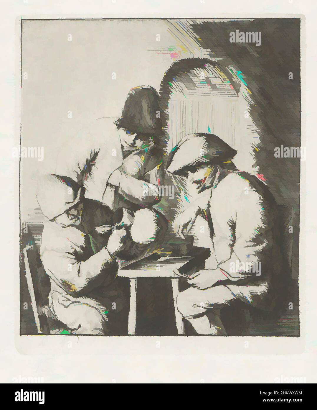 Art inspired by Man looking into empty jar, two men looking on, Some of the gestures of the men in this scene carry a negative meaning. The man looking into the empty jug is a kannekijker or a drunkard. The gesture of the man standing behind him, with his hand hidden behind his shirt, Classic works modernized by Artotop with a splash of modernity. Shapes, color and value, eye-catching visual impact on art. Emotions through freedom of artworks in a contemporary way. A timeless message pursuing a wildly creative new direction. Artists turning to the digital medium and creating the Artotop NFT Stock Photo