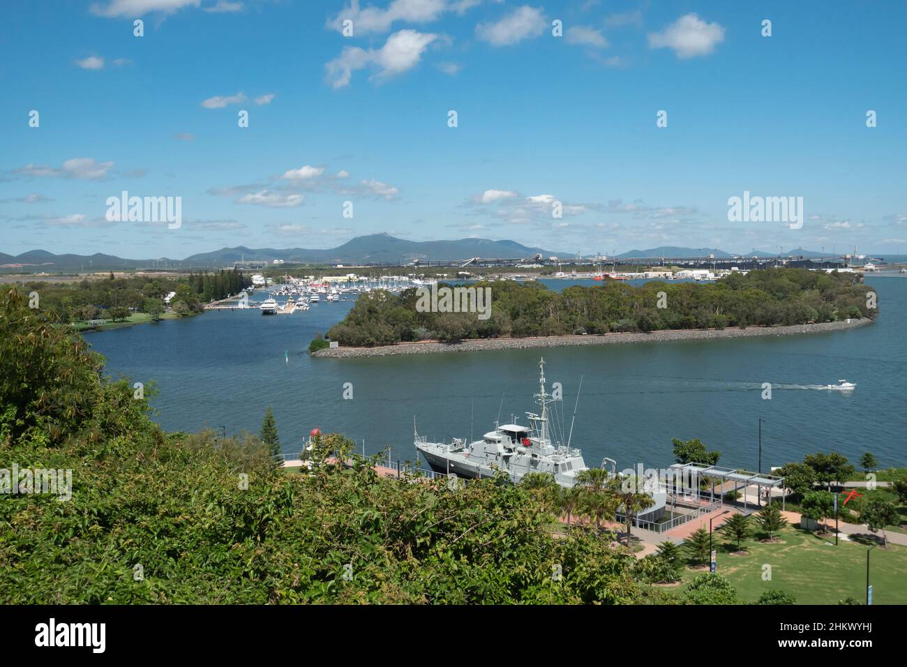 Gladstone Harbour with Auckland creek on the left, HMAS Gladstone centre bottom. Stock Photo