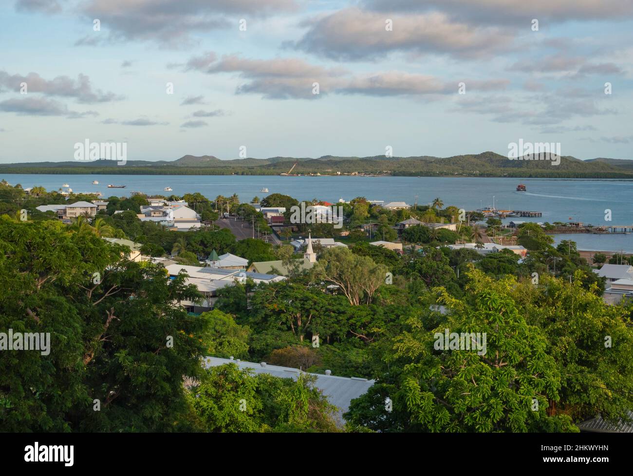Thursday Island viewed from Green Hill Fort.   Horn Island in the distance across Ellis Channel. Stock Photo