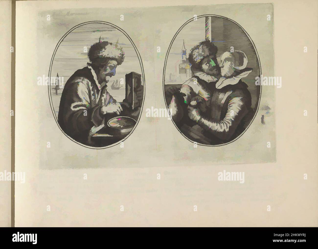 Art inspired by Ensign and his wife, J.C. Marinnier de R., A.C. sa femme, Les abus du mariage (series title), Two representations on an album leaf. On the left a helmsman with an hourglass and compass. In the background the sea and some ships. On the right his wife is sitting next to, Classic works modernized by Artotop with a splash of modernity. Shapes, color and value, eye-catching visual impact on art. Emotions through freedom of artworks in a contemporary way. A timeless message pursuing a wildly creative new direction. Artists turning to the digital medium and creating the Artotop NFT Stock Photo