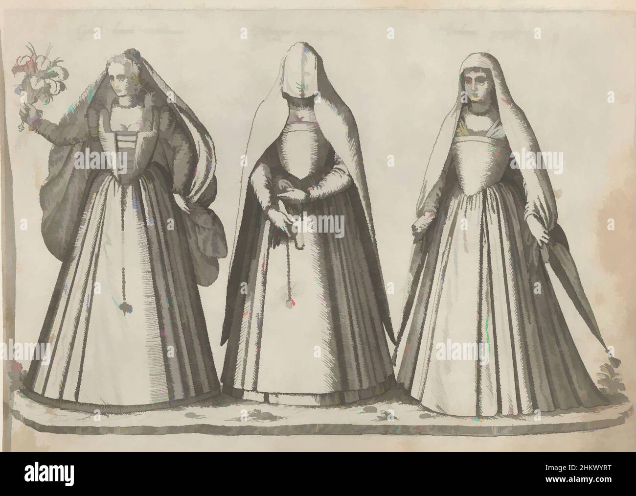 Art inspired by Three women, dressed according to Venetian fashion ca. 1580, Gentil donna venetiana, Vergine da marito, Vedova venetiana, On the left a noblewoman from Venice, feather fan in raised right hand. In the center, an unmarried virgin, veil over face, belt in hand. On the, Classic works modernized by Artotop with a splash of modernity. Shapes, color and value, eye-catching visual impact on art. Emotions through freedom of artworks in a contemporary way. A timeless message pursuing a wildly creative new direction. Artists turning to the digital medium and creating the Artotop NFT Stock Photo