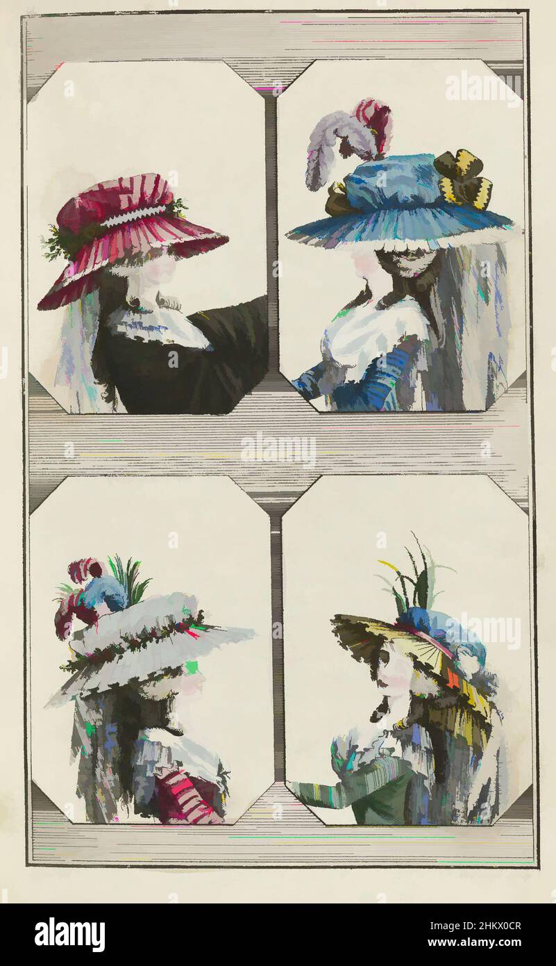 Art inspired by Cabinet des Modes ou les Modes Nouvelles, 1 Mai 1786, pl. I, Four women's heads in frames, wearing different hats. According to the accompanying text: Fig. 1: Hat with a broadly projecting brim of pink pleated taffeta, trimmed with a fringe of lace. Around the puffing, Classic works modernized by Artotop with a splash of modernity. Shapes, color and value, eye-catching visual impact on art. Emotions through freedom of artworks in a contemporary way. A timeless message pursuing a wildly creative new direction. Artists turning to the digital medium and creating the Artotop NFT Stock Photo