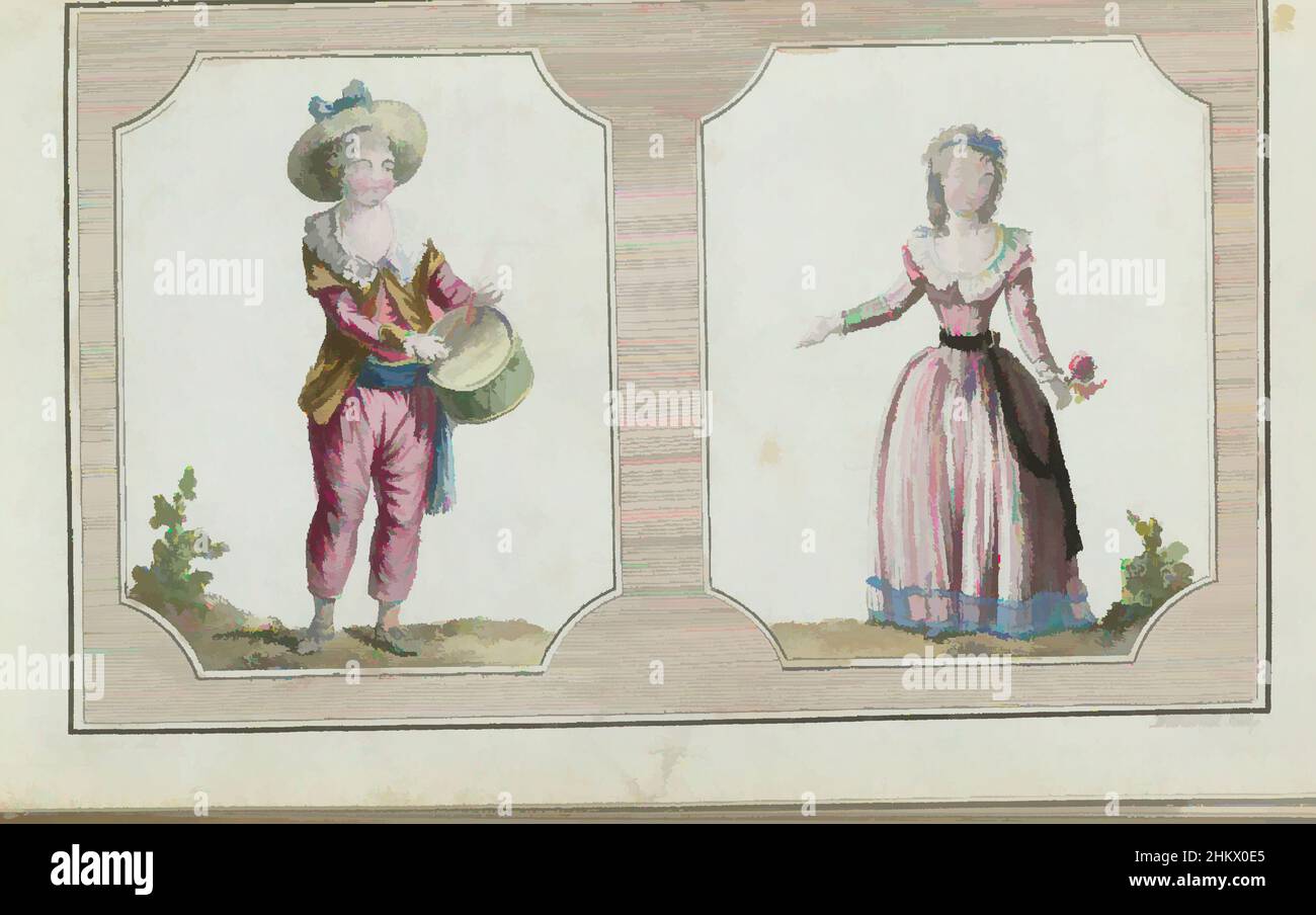 Art inspired by Cabinet des Modes ou les Modes Nouvelles, 1 Février 1786, 6th cahier, pl. I, Two children. On the left a boy beating a drum. According to the accompanying text, he wears a hat of jonc, garnished with a rosette and a blue ribbon. His shirt has a colerette. Short-sleeved, Classic works modernized by Artotop with a splash of modernity. Shapes, color and value, eye-catching visual impact on art. Emotions through freedom of artworks in a contemporary way. A timeless message pursuing a wildly creative new direction. Artists turning to the digital medium and creating the Artotop NFT Stock Photo