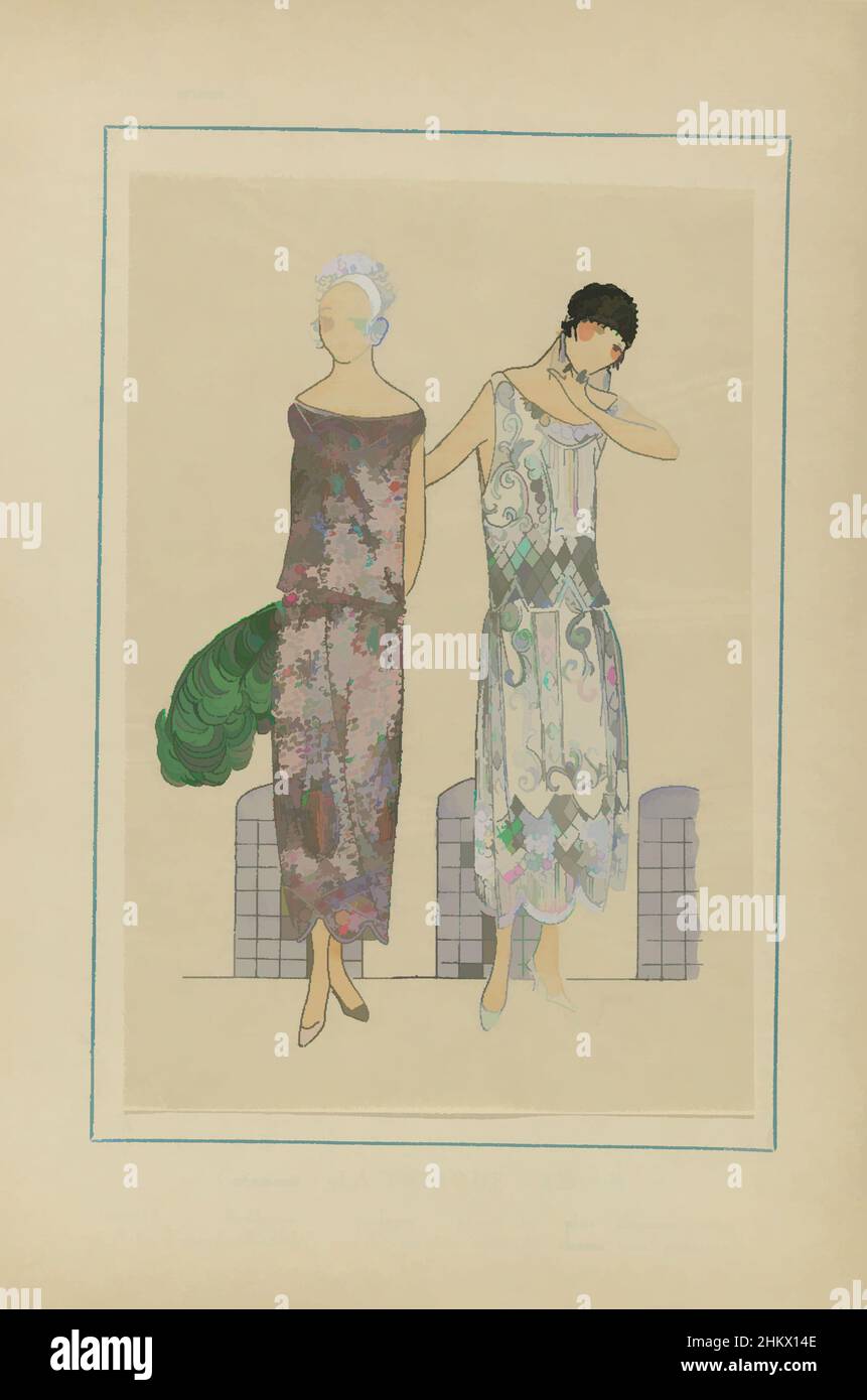 Art inspired by Très Parisien, 1923, No 1: Creations LA TUNIQUE RADIAH, Two evening gowns by 'La Tunique Radiah', garnished with embroidery and pearls. Print from the fashion magazine Très Parisien (1920-1936)., print maker:, draughtsman: J. Dory, Paris, 1923, paper, letterpress, Classic works modernized by Artotop with a splash of modernity. Shapes, color and value, eye-catching visual impact on art. Emotions through freedom of artworks in a contemporary way. A timeless message pursuing a wildly creative new direction. Artists turning to the digital medium and creating the Artotop NFT Stock Photo