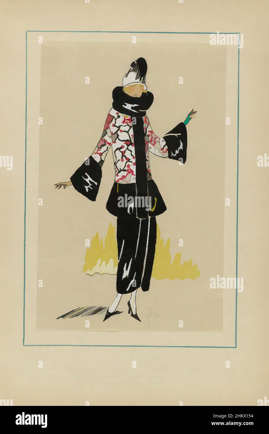 Art inspired by Très Parisien, 1923, No 1: Tissus de RODIER..., 'Charming ensemble' of black velvet with voluminous turtleneck by Rodier. Print from the fashion magazine Très Parisien (1920-1936)., print maker:, Rodier, Paris, 1923, paper, letterpress printing, height 269 mm × width 180, Classic works modernized by Artotop with a splash of modernity. Shapes, color and value, eye-catching visual impact on art. Emotions through freedom of artworks in a contemporary way. A timeless message pursuing a wildly creative new direction. Artists turning to the digital medium and creating the Artotop NFT Stock Photo