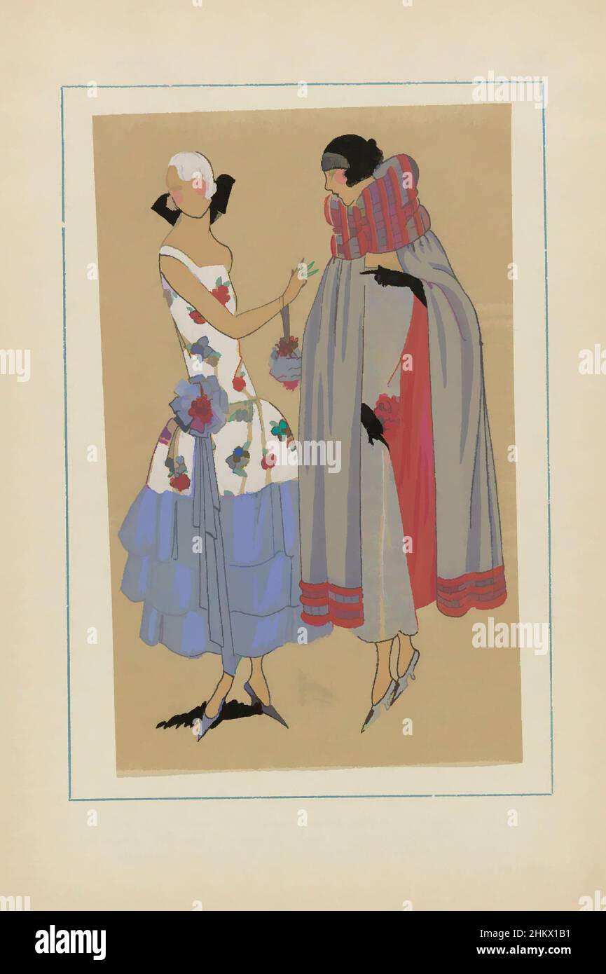 Art inspired by Très Parisien, 1923, No 11: 15. - AU BAL. - Cette robe de velours..., Ball gown of printed velvet with flounces of plain blue velvet. Cape of silver grey velvet, at the large collar and at the underside of the cape two shades of velvet. Velvet by Fraudet. Accessories, Classic works modernized by Artotop with a splash of modernity. Shapes, color and value, eye-catching visual impact on art. Emotions through freedom of artworks in a contemporary way. A timeless message pursuing a wildly creative new direction. Artists turning to the digital medium and creating the Artotop NFT Stock Photo
