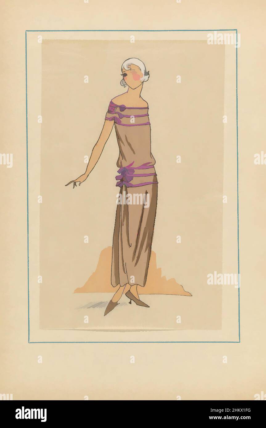 Art inspired by Très Parisien, 1923, No. 3: ÉCAILLE BLONDE, Very youthful and simple model, the beautiful dress of 'crepe de Chine' is decorated with rust-colored ribbons. Print from the fashion magazine Très Parisien (1920-1936)., print maker:, G-P. Joumard, Paris, 1923, paper, Classic works modernized by Artotop with a splash of modernity. Shapes, color and value, eye-catching visual impact on art. Emotions through freedom of artworks in a contemporary way. A timeless message pursuing a wildly creative new direction. Artists turning to the digital medium and creating the Artotop NFT Stock Photo
