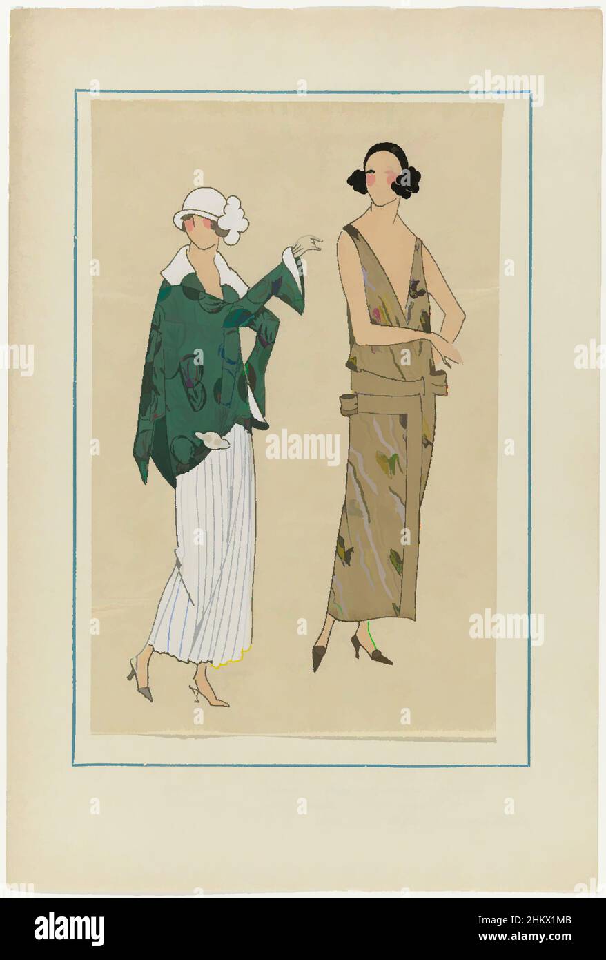 Art inspired by Très Parisien, 1923, No 5: 11.- NEPTUNE..., 1. A paletot for the beach in the model Neptune. Pleated skirt. 2. Evening dress of crepe épinglé, Vague argentée. Fabrics from Réal. Accessories: cloche (pot hat), pumps. Print from the fashion magazine Très Parisien (1920-, Classic works modernized by Artotop with a splash of modernity. Shapes, color and value, eye-catching visual impact on art. Emotions through freedom of artworks in a contemporary way. A timeless message pursuing a wildly creative new direction. Artists turning to the digital medium and creating the Artotop NFT Stock Photo