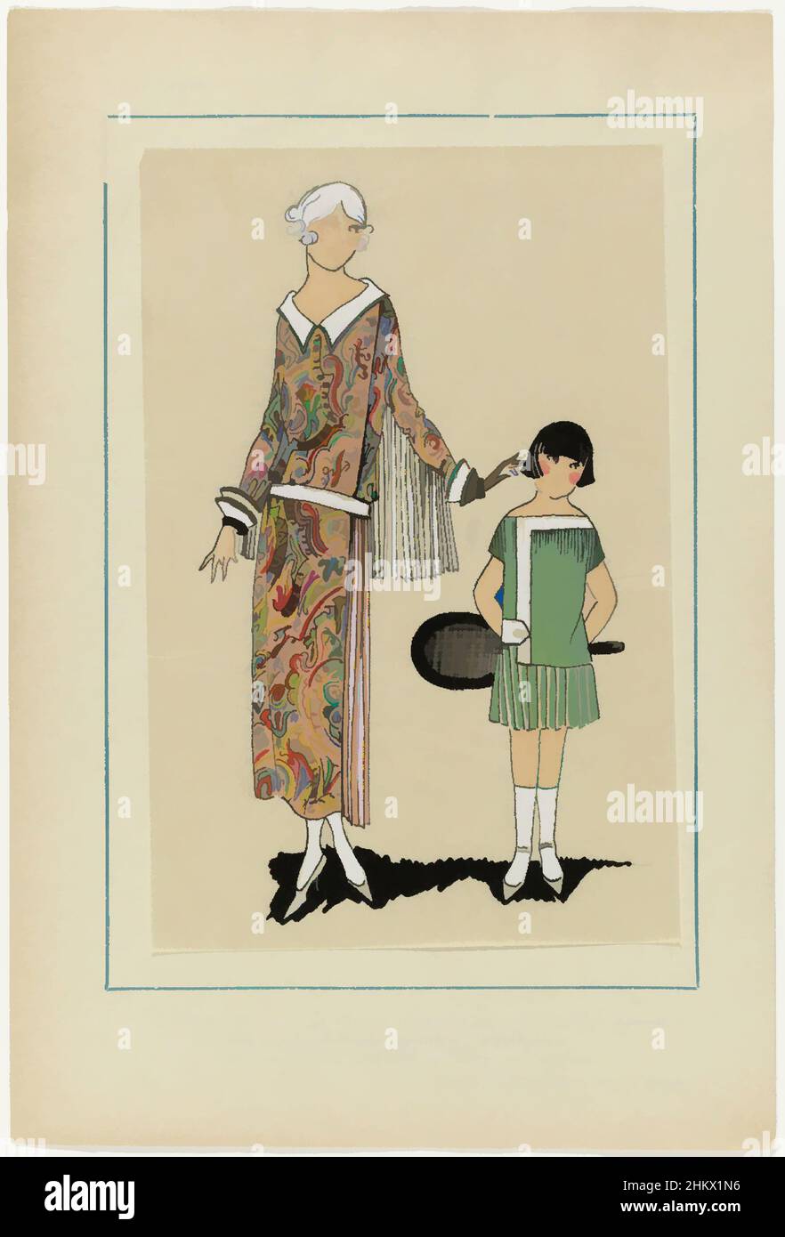 Art inspired by Très Parisien, 1923, No 5: 7.- CACHEMIRE. - 1. Très  élégante,..., 1. Dress of silk jersey printed in different colors of  cashmere; trimmings of white organdi. 2. Children's dress