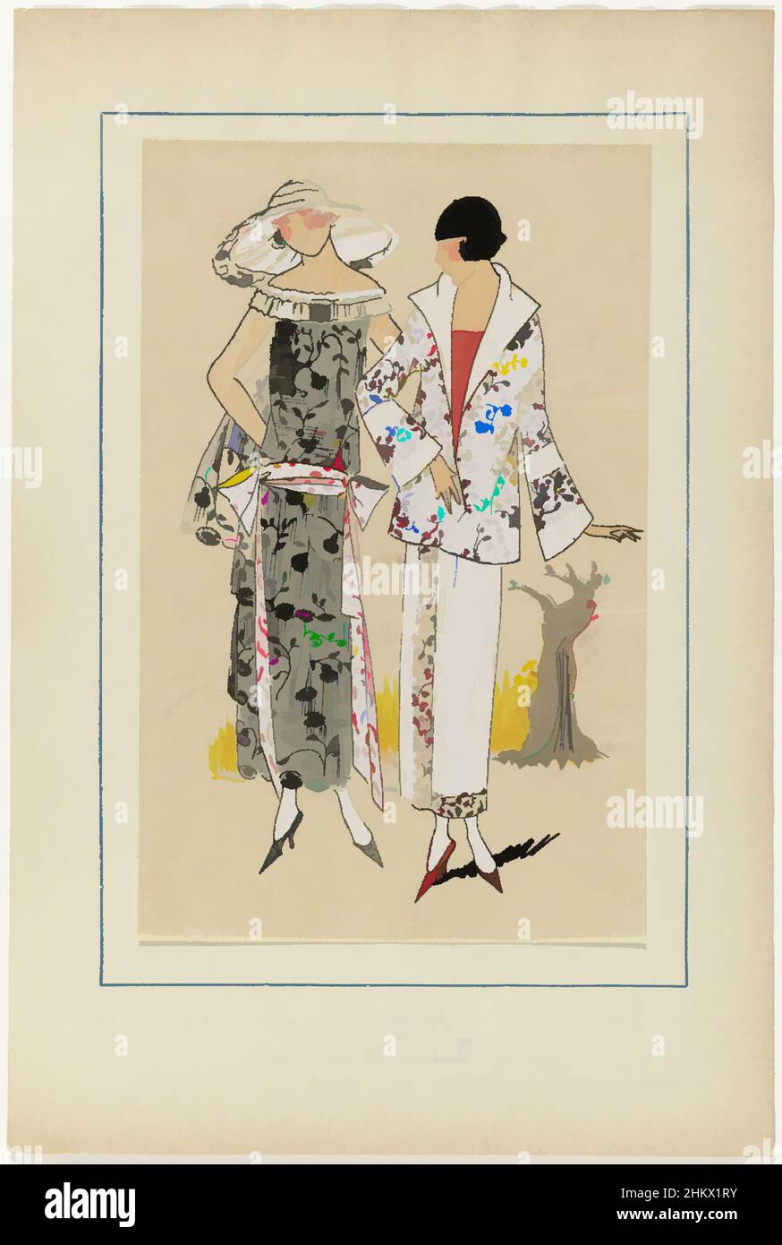 Art inspired by Très Parisien, 1923, No 6: 14. - TOKIO. - 1. Robe en laize de Chantilly..., 1. Dress of black 'laize de Chantilly' (lace); the skirt consists of flounces, the back appears to have a cape. 2. Costume (suit) of crepe Colette embroidered with red silk. Lace by V. Racine, Classic works modernized by Artotop with a splash of modernity. Shapes, color and value, eye-catching visual impact on art. Emotions through freedom of artworks in a contemporary way. A timeless message pursuing a wildly creative new direction. Artists turning to the digital medium and creating the Artotop NFT Stock Photo