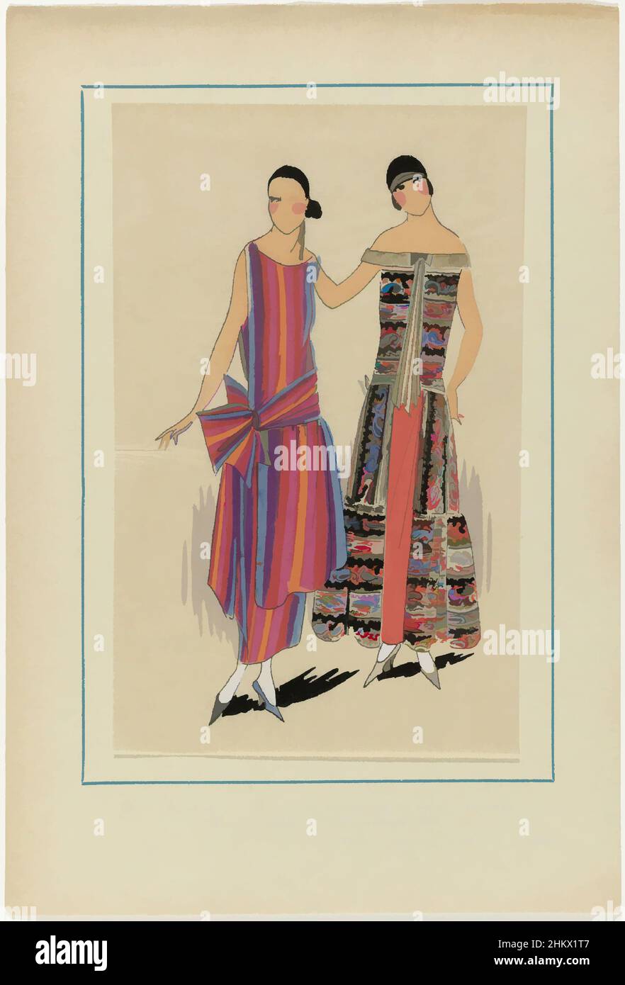 Art inspired by Très Parisien, 1923, No 5: 14.- ALCALA. - 1. Une robe du soir..., 1. An evening gown of silk 'uni ombré et reversible' (?). 2. The other toilette is of golden 'pékin cachemire' (cashmere). Fabrics from Chavanis et Cie. Print from the fashion magazine Très Parisien (1920-, Classic works modernized by Artotop with a splash of modernity. Shapes, color and value, eye-catching visual impact on art. Emotions through freedom of artworks in a contemporary way. A timeless message pursuing a wildly creative new direction. Artists turning to the digital medium and creating the Artotop NFT Stock Photo