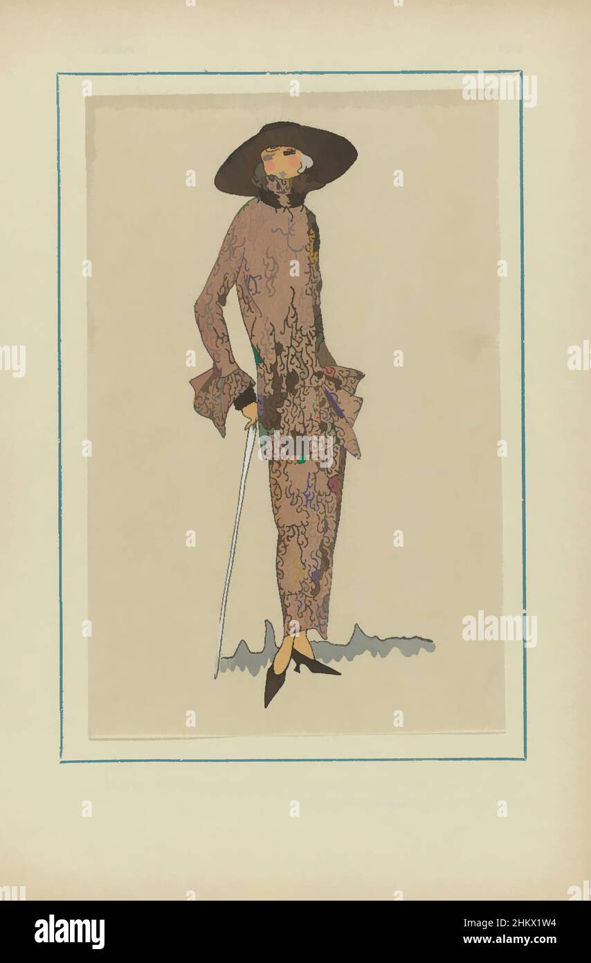 Art inspired by Très Parisien. La Mode, Le Chic, L'Elégance, Très Parisien, 1923, No 7: 11.- MATIN., Elégant tailleur..., Tailleur (coat suit) of 'lainage brocart frisé pain brûlé' (wool), garnished with sable fur. Fabrics from Ancienne Maison Ch. Lavy et Cie. Accessories: hat, walking, Classic works modernized by Artotop with a splash of modernity. Shapes, color and value, eye-catching visual impact on art. Emotions through freedom of artworks in a contemporary way. A timeless message pursuing a wildly creative new direction. Artists turning to the digital medium and creating the Artotop NFT Stock Photo