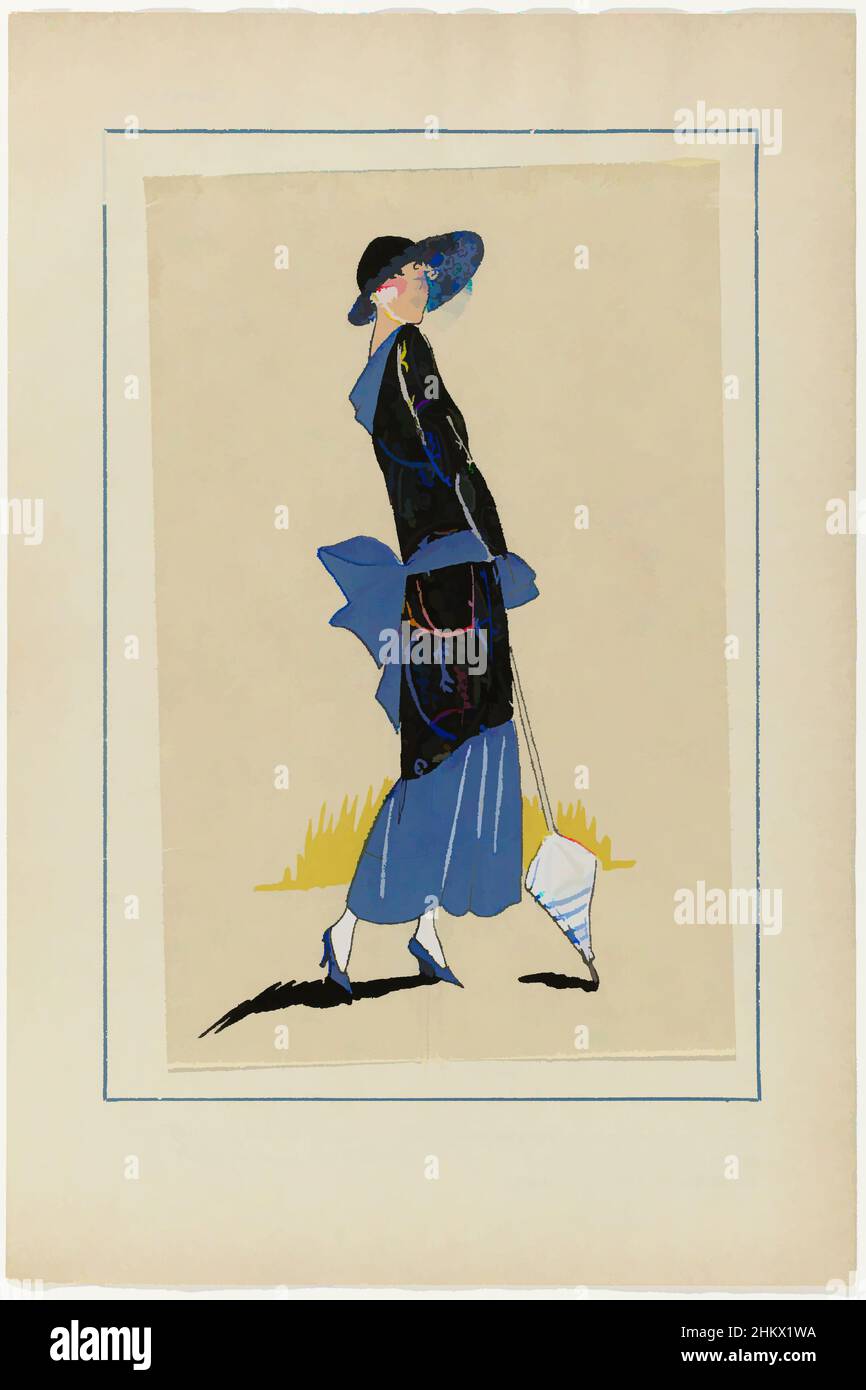 Art inspired by Très Parisien, 1923, No 6: 15. - QUI M'AIME ME SUIVE... - Une toilette élégante..., An ensemble of printed crepe satin. Volant that is wider at the front. Belt of ribbons. Further accessories: hat with wide canopy, walking stick(parasol?), pumps. Fabrics from Diéderichs-, Classic works modernized by Artotop with a splash of modernity. Shapes, color and value, eye-catching visual impact on art. Emotions through freedom of artworks in a contemporary way. A timeless message pursuing a wildly creative new direction. Artists turning to the digital medium and creating the Artotop NFT Stock Photo