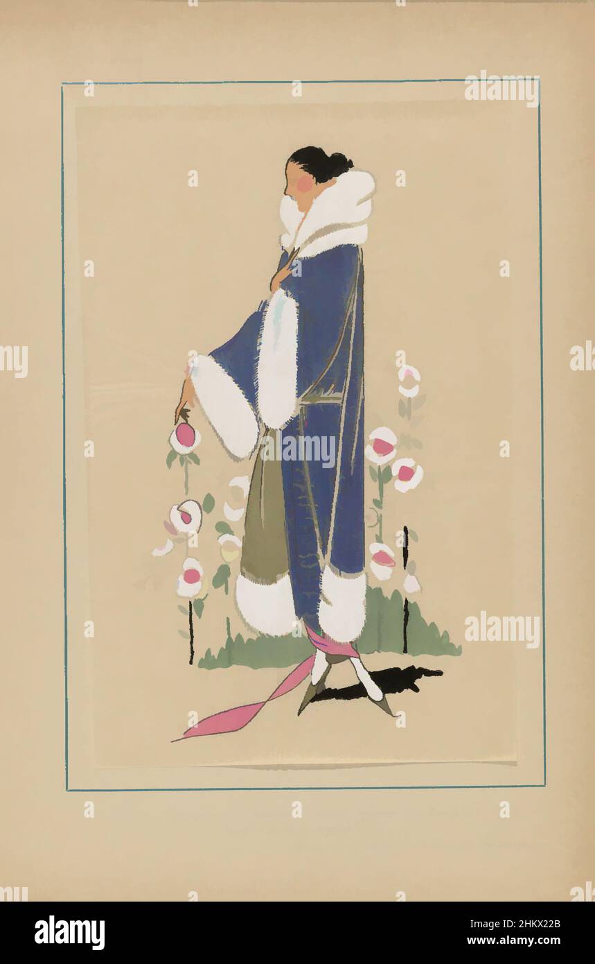 Art inspired by Très Parisien 1923 No 8: 12.-PRIAM, Evening gown of blue velvet embroidered in gold, lined with lamé and garnished with white fox fur. Fabrics by Racine. Print from the fashion magazine Très Parisien (1920-1936)., print maker:, V. Racine, Paris, 1923, paper, letterpress, Classic works modernized by Artotop with a splash of modernity. Shapes, color and value, eye-catching visual impact on art. Emotions through freedom of artworks in a contemporary way. A timeless message pursuing a wildly creative new direction. Artists turning to the digital medium and creating the Artotop NFT Stock Photo