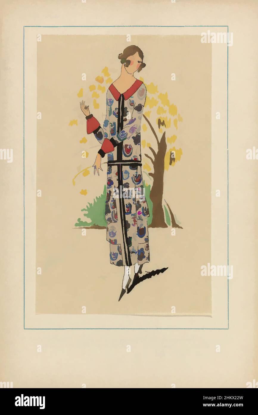 Art inspired by Très Parisien, 1923, No 9.1 - AUTOMNALE. - Charmante est cette simple robe..., Dress of embroidered crepe in Czech style. Over the dress and at the sleeves a black velvet trimming. Fabrics from Alliance Textile. Print from the fashion magazine Très Parisien (1920-1936, Classic works modernized by Artotop with a splash of modernity. Shapes, color and value, eye-catching visual impact on art. Emotions through freedom of artworks in a contemporary way. A timeless message pursuing a wildly creative new direction. Artists turning to the digital medium and creating the Artotop NFT Stock Photo