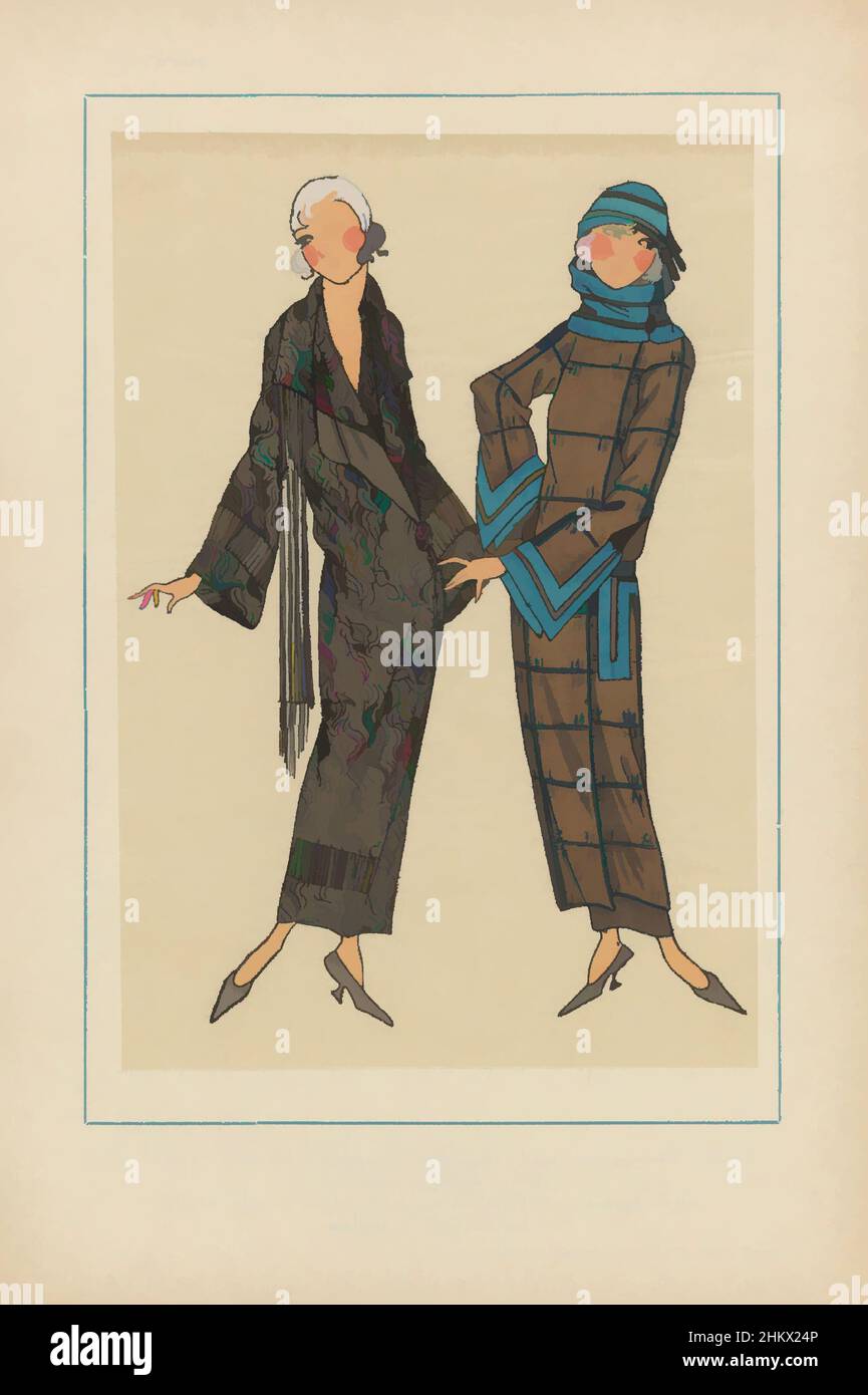 Art inspired by Très Parisien, 1923, No 9: 6. - BRUME DU MATIN. - Elégante et souple..., Cloak of 'cloqué de laine' garnished with silk ribbons. The other cloak is of 'drap de laine' checkered with sable fur(?) and decorated with plain blue cloth. Fabrics from Ancienne Maison Ch. Lavy, Classic works modernized by Artotop with a splash of modernity. Shapes, color and value, eye-catching visual impact on art. Emotions through freedom of artworks in a contemporary way. A timeless message pursuing a wildly creative new direction. Artists turning to the digital medium and creating the Artotop NFT Stock Photo
