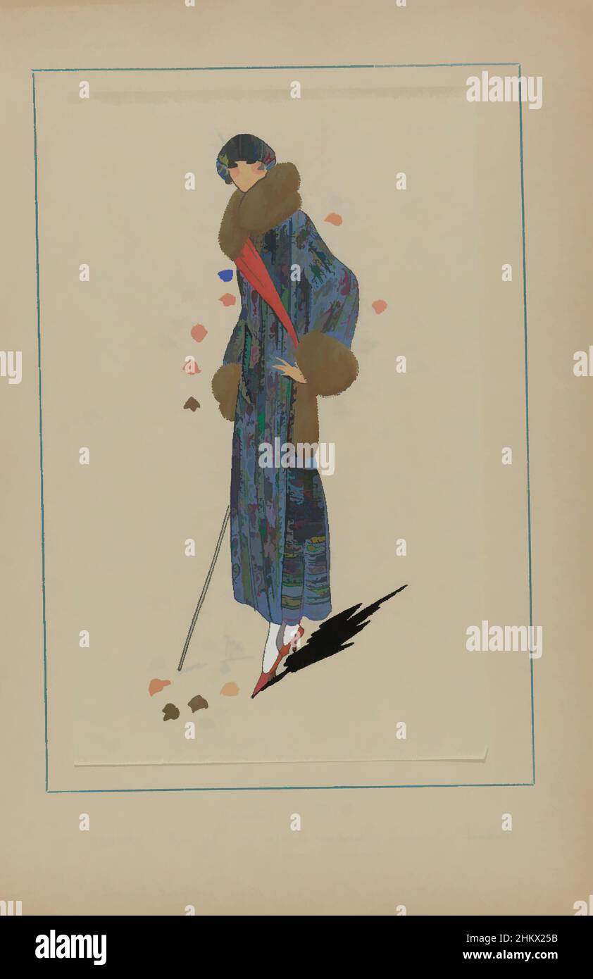 Art inspired by Très Parisien, 1923, No 8: 3.- SOURIRE., Bien joli est ce manteau...., Design by Béchof. Cloak entirely decorated with embroidery by Saint-Gall and garnished with fur. Accessories: beret, walking stick, pumps. Print from the fashion magazine Très Parisien (1920-1936, Classic works modernized by Artotop with a splash of modernity. Shapes, color and value, eye-catching visual impact on art. Emotions through freedom of artworks in a contemporary way. A timeless message pursuing a wildly creative new direction. Artists turning to the digital medium and creating the Artotop NFT Stock Photo
