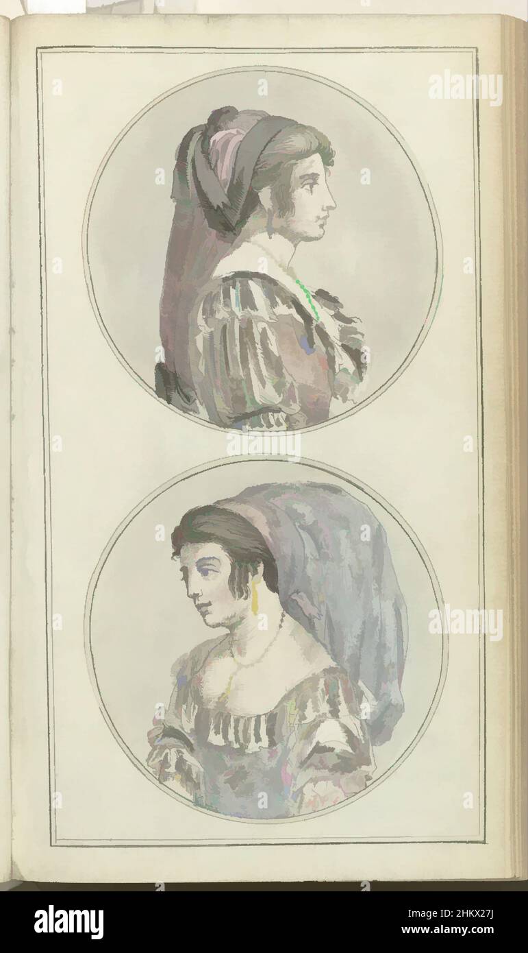 Art inspired by Journal des Luxus und der Moden 1788, Band III, T.10, Two busts in ovals of women of Rome of the lower and middle classes, in their national dress. Print from the fashion journal Journal des Luxus und der Moden, edited by Friedrich Justin Bertuch and Georg Melchior Kraus, Classic works modernized by Artotop with a splash of modernity. Shapes, color and value, eye-catching visual impact on art. Emotions through freedom of artworks in a contemporary way. A timeless message pursuing a wildly creative new direction. Artists turning to the digital medium and creating the Artotop NFT Stock Photo