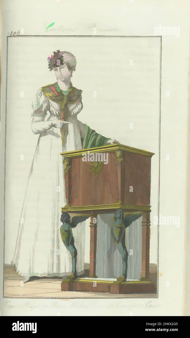 Art inspired by Journal des Dames et des Modes, edition Frankfurt 28 juillet 1806, Costume Parisien (31): Toquet Rayé en Biais. Fichu-Cravate. Corsage en Coeur., Woman at chifonnier (described as a new type of furniture) The accompanying text (p. 133) states: Toque of oblique striped, Classic works modernized by Artotop with a splash of modernity. Shapes, color and value, eye-catching visual impact on art. Emotions through freedom of artworks in a contemporary way. A timeless message pursuing a wildly creative new direction. Artists turning to the digital medium and creating the Artotop NFT Stock Photo