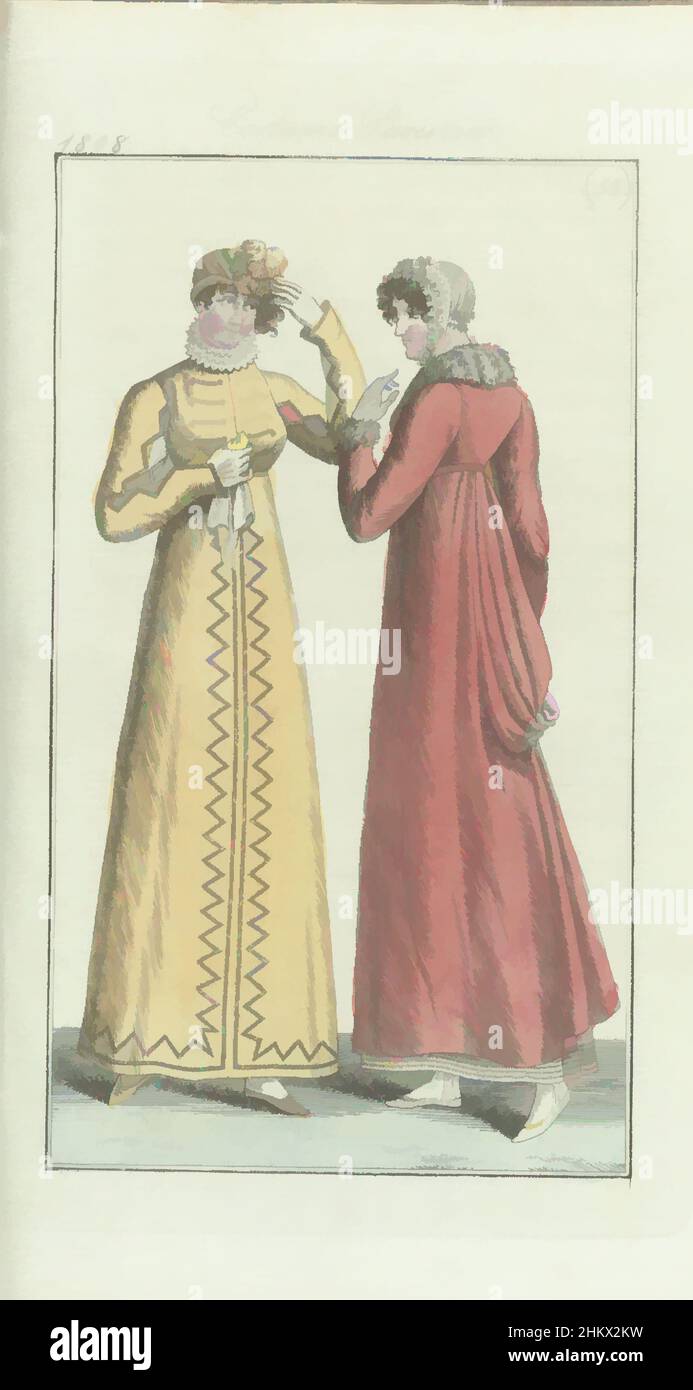 Art inspired by Journal des Dames et des Modes, edition Frankfurt 25 décembre 1808, Costume Parisien (52), The accompanying text (p. 341) states: Fig. 1: Toque of velvet, with a curled plume on the side. Redingote 'à la polonaise'. White gloves. Nut-colored (flat) shoes. Fig. 2: Cornet, Classic works modernized by Artotop with a splash of modernity. Shapes, color and value, eye-catching visual impact on art. Emotions through freedom of artworks in a contemporary way. A timeless message pursuing a wildly creative new direction. Artists turning to the digital medium and creating the Artotop NFT Stock Photo