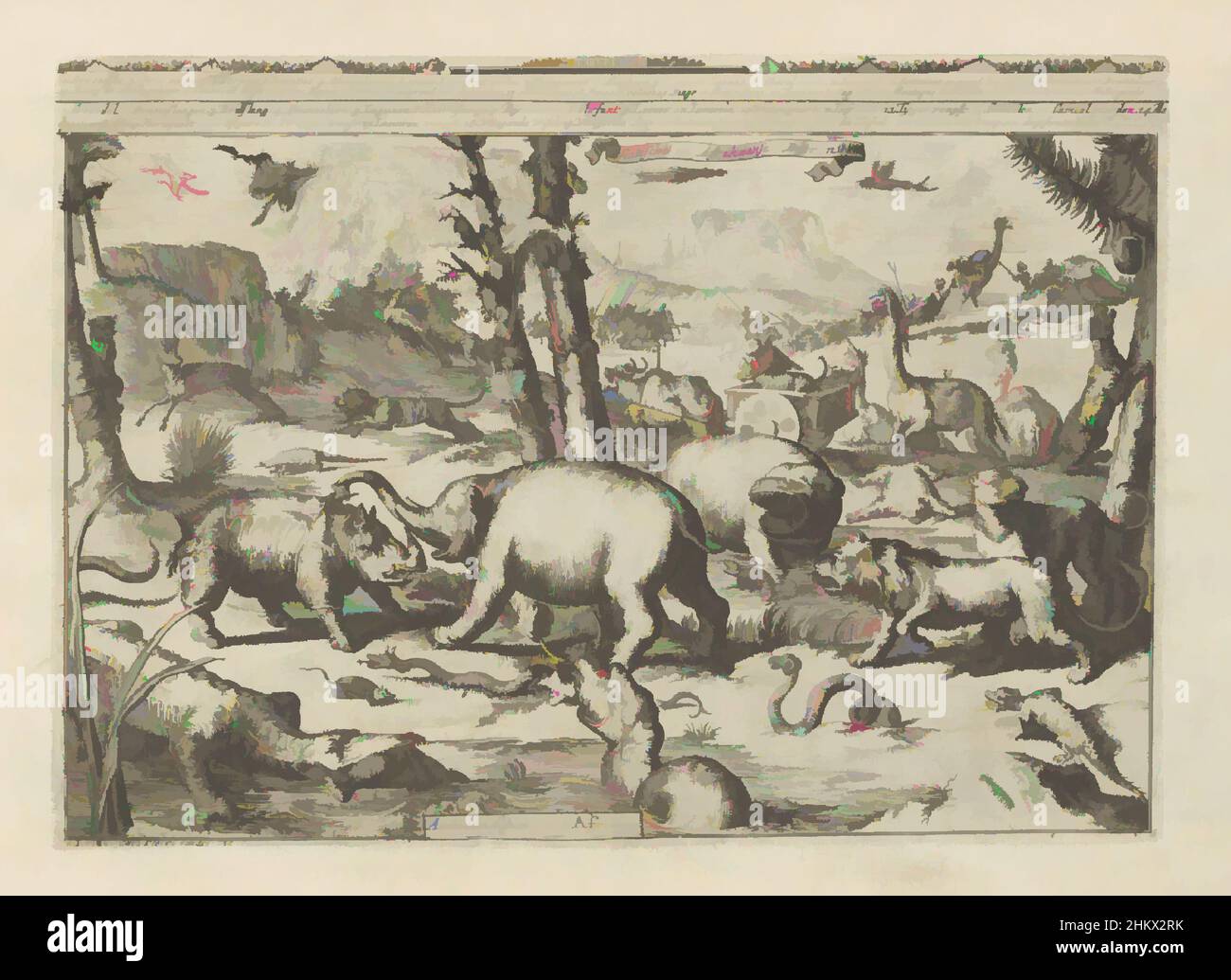 Art inspired by Asian and African animals, Asian and African animals, Animaux d'Asie et d'Afrique, Les Indes Orientales et Occidentales et autres lieux (series title), Landscape with Asian and African animals. In the foreground left, a man is being devoured by a crocodile. The large, Classic works modernized by Artotop with a splash of modernity. Shapes, color and value, eye-catching visual impact on art. Emotions through freedom of artworks in a contemporary way. A timeless message pursuing a wildly creative new direction. Artists turning to the digital medium and creating the Artotop NFT Stock Photo