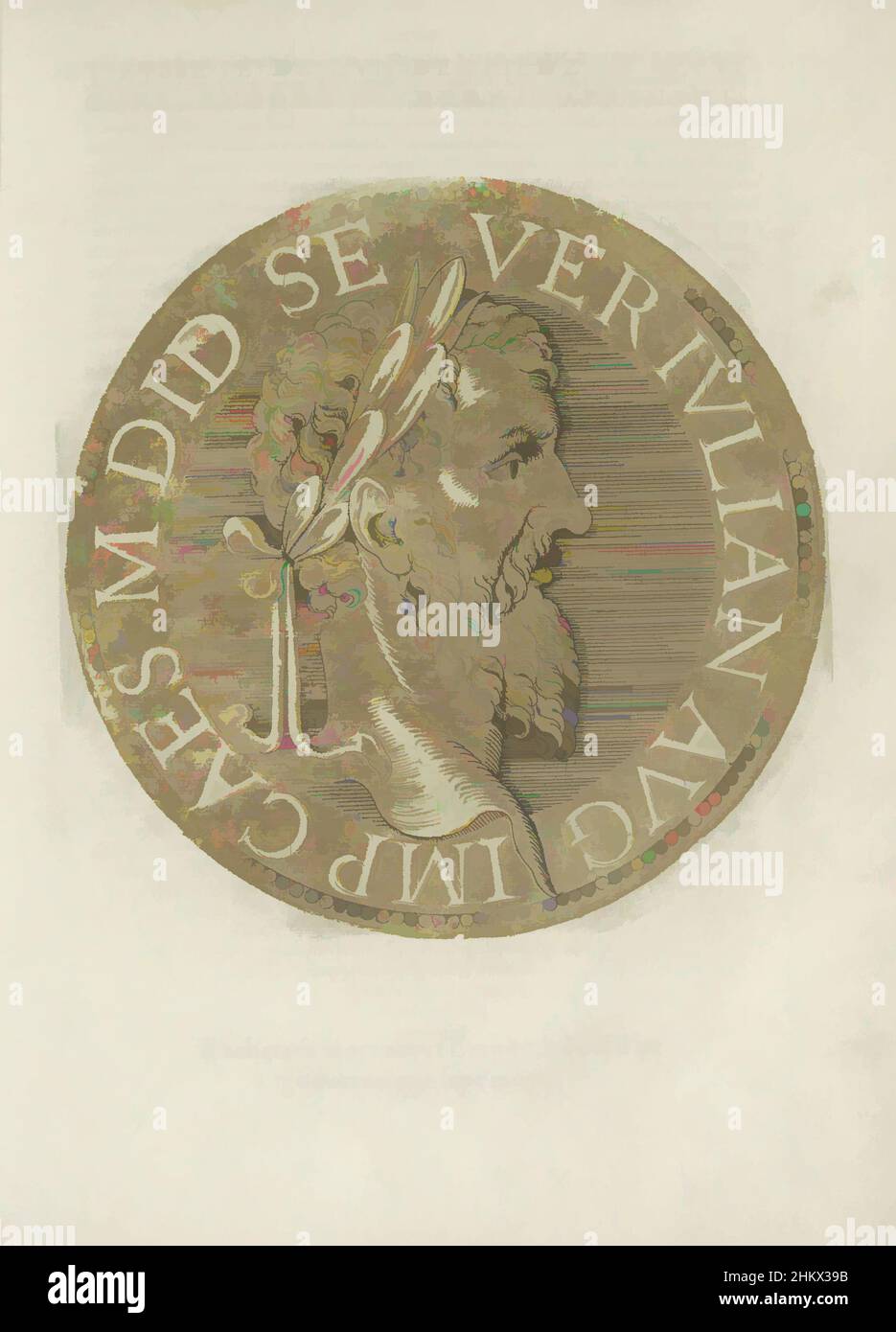 Art inspired by Portrait of Emperor Didius Julianus, Les images presque de tous les empereurs (series title), Portrait of Emperor Didius Julianus, on a coin with edge lettering. The print is part of a book on the emperors from Julius Caesar to Charles V and his brother Ferdinand., Joos, Classic works modernized by Artotop with a splash of modernity. Shapes, color and value, eye-catching visual impact on art. Emotions through freedom of artworks in a contemporary way. A timeless message pursuing a wildly creative new direction. Artists turning to the digital medium and creating the Artotop NFT Stock Photo