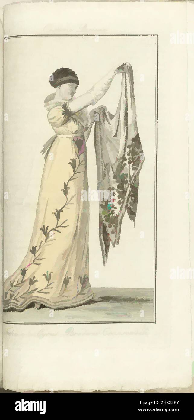 Art inspired by Journal des Dames et des Modes, Costume Parisien, 1805, An 13 (614) Fichu à la Cyrus..., Woman to the right, dressed in a beige long gown with train, with embroidered plant motif (broderie transversale) Fichu à la Cyrus. White long gloves, earrings and hairstyle..... She, Classic works modernized by Artotop with a splash of modernity. Shapes, color and value, eye-catching visual impact on art. Emotions through freedom of artworks in a contemporary way. A timeless message pursuing a wildly creative new direction. Artists turning to the digital medium and creating the Artotop NFT Stock Photo