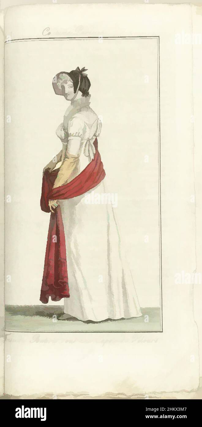 Art inspired by Journal des Dames et des Modes, Costume Parisien, 1805, An 13 (617), Frisé de Batiste ....., Woman to the left, in white gown with 'jabot tournant', yellow long gloves and a red scarf in the hands. On the head a battist 'Frisé' under a velvet capote tied with a pink, Classic works modernized by Artotop with a splash of modernity. Shapes, color and value, eye-catching visual impact on art. Emotions through freedom of artworks in a contemporary way. A timeless message pursuing a wildly creative new direction. Artists turning to the digital medium and creating the Artotop NFT Stock Photo