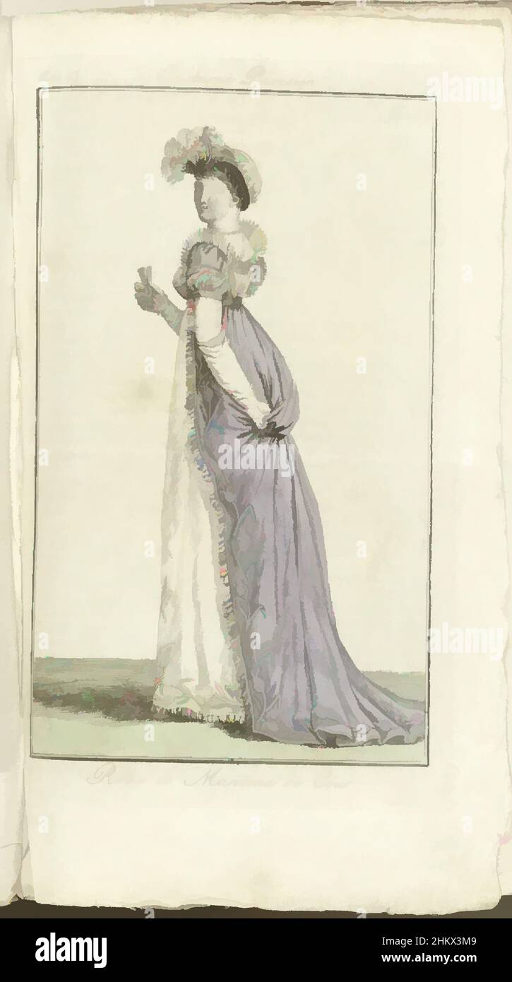 Art inspired by Journal des Dames et des Modes, Costume Parisien, 1805, An 13 (624) Robe et Manteau de Cour, Woman to the left, dressed in court dress: a white court gown with collar with raised edge, over which a purple court robe, which she holds from behind. Long white gloves, a, Classic works modernized by Artotop with a splash of modernity. Shapes, color and value, eye-catching visual impact on art. Emotions through freedom of artworks in a contemporary way. A timeless message pursuing a wildly creative new direction. Artists turning to the digital medium and creating the Artotop NFT Stock Photo