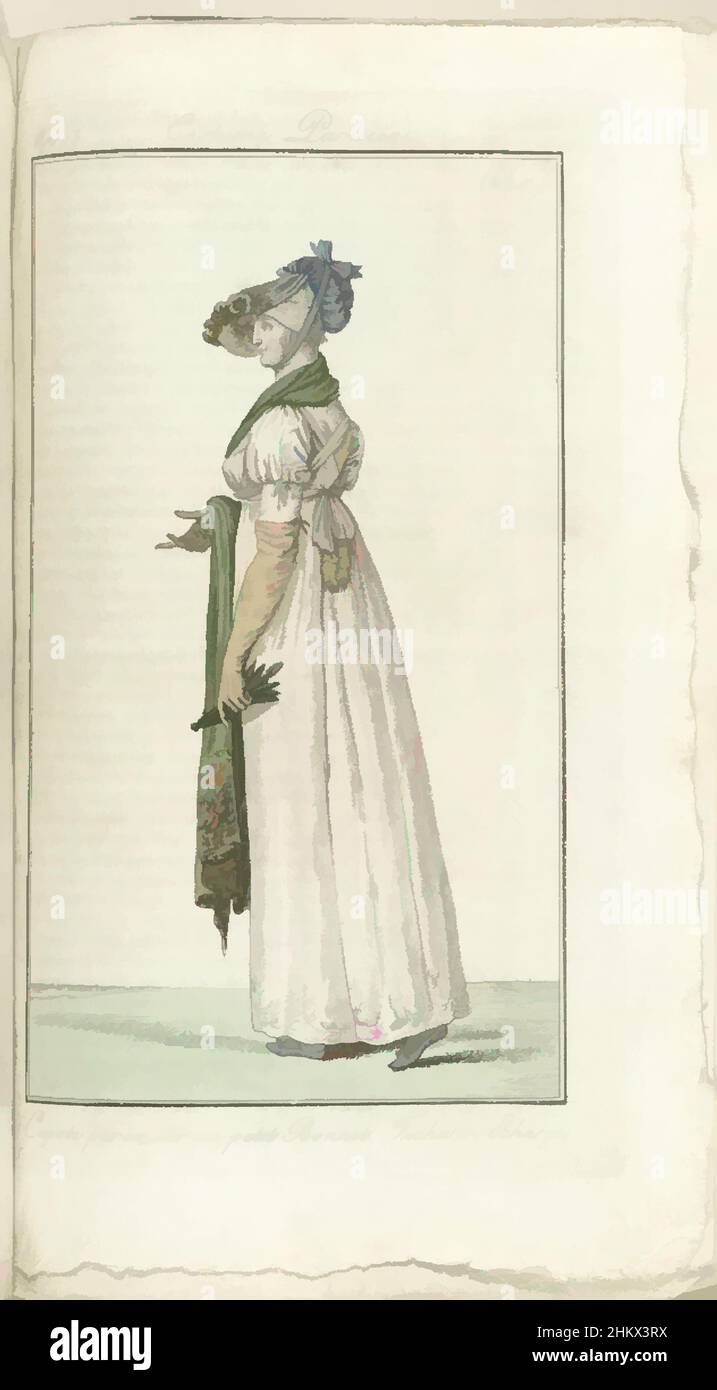Art inspired by Journal des Dames et des Modes, Costume Parisien, 1805, An 13 (647) Capote parée, sur un petit Bonnet..., Woman to the left, in white gown with short puffed sleeves and bodice with cross straps at back. Decorated capote over a small bonnet. Long gloves. Over the right, Classic works modernized by Artotop with a splash of modernity. Shapes, color and value, eye-catching visual impact on art. Emotions through freedom of artworks in a contemporary way. A timeless message pursuing a wildly creative new direction. Artists turning to the digital medium and creating the Artotop NFT Stock Photo