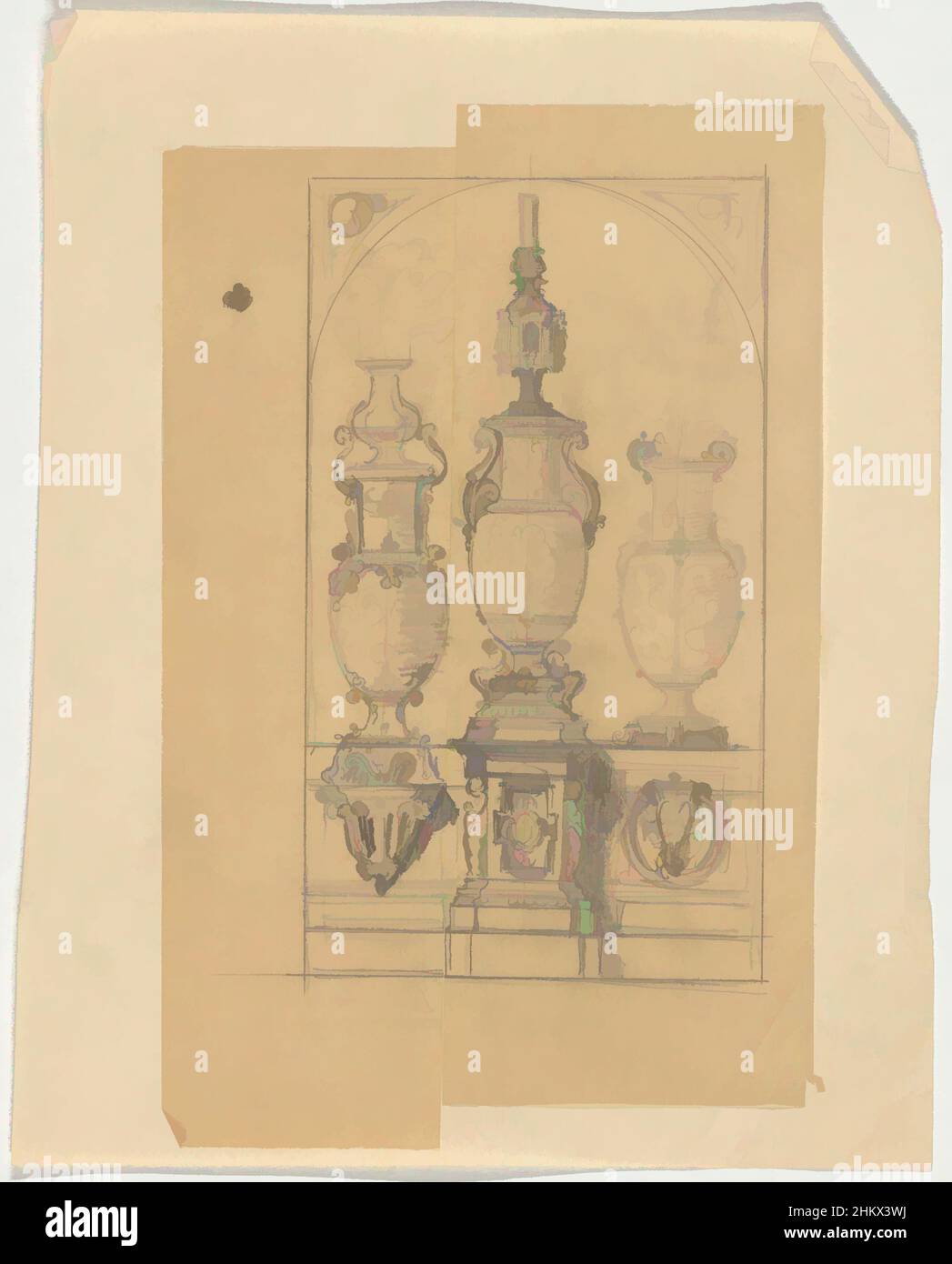 Art inspired by Three vases, draughtsman: Firma Feuchère, Paris, c. 1830 - c. 1850, paper, tracing paper, height 209 mm × width 261 mm, Classic works modernized by Artotop with a splash of modernity. Shapes, color and value, eye-catching visual impact on art. Emotions through freedom of artworks in a contemporary way. A timeless message pursuing a wildly creative new direction. Artists turning to the digital medium and creating the Artotop NFT Stock Photo