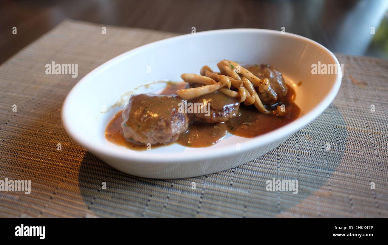 Hamburger Beef Patties with Gravy and Fried Mushrooms Stock Photo Alamy
