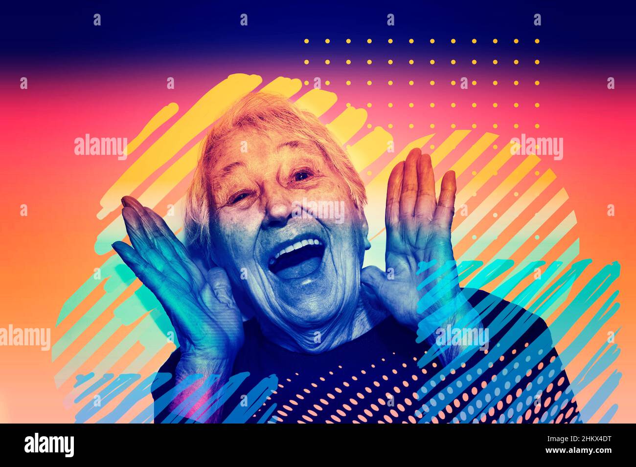 Happy senior woman - Collage in pop art or poster style Stock Photo