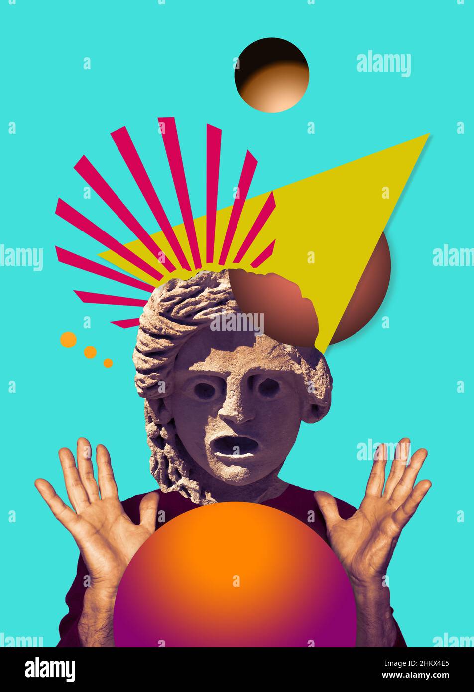 Contemporary digital collage of surprised statue head in pop art style Stock Photo