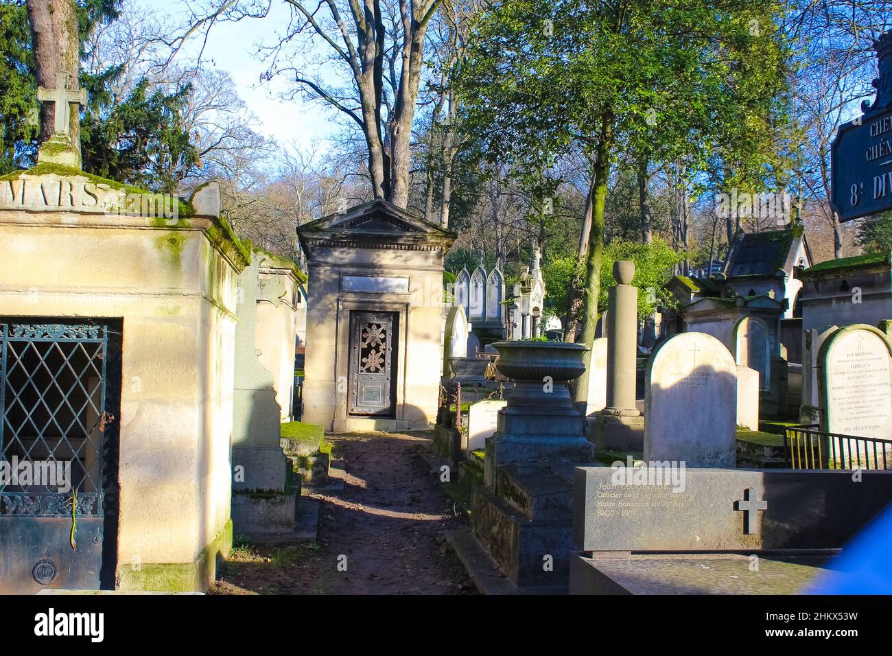Paris, France - January 01, 2022: Graves and crypts in Pere Lachaise Cemetery, This cemetery is the final resting place for many famous people. Stock Photo