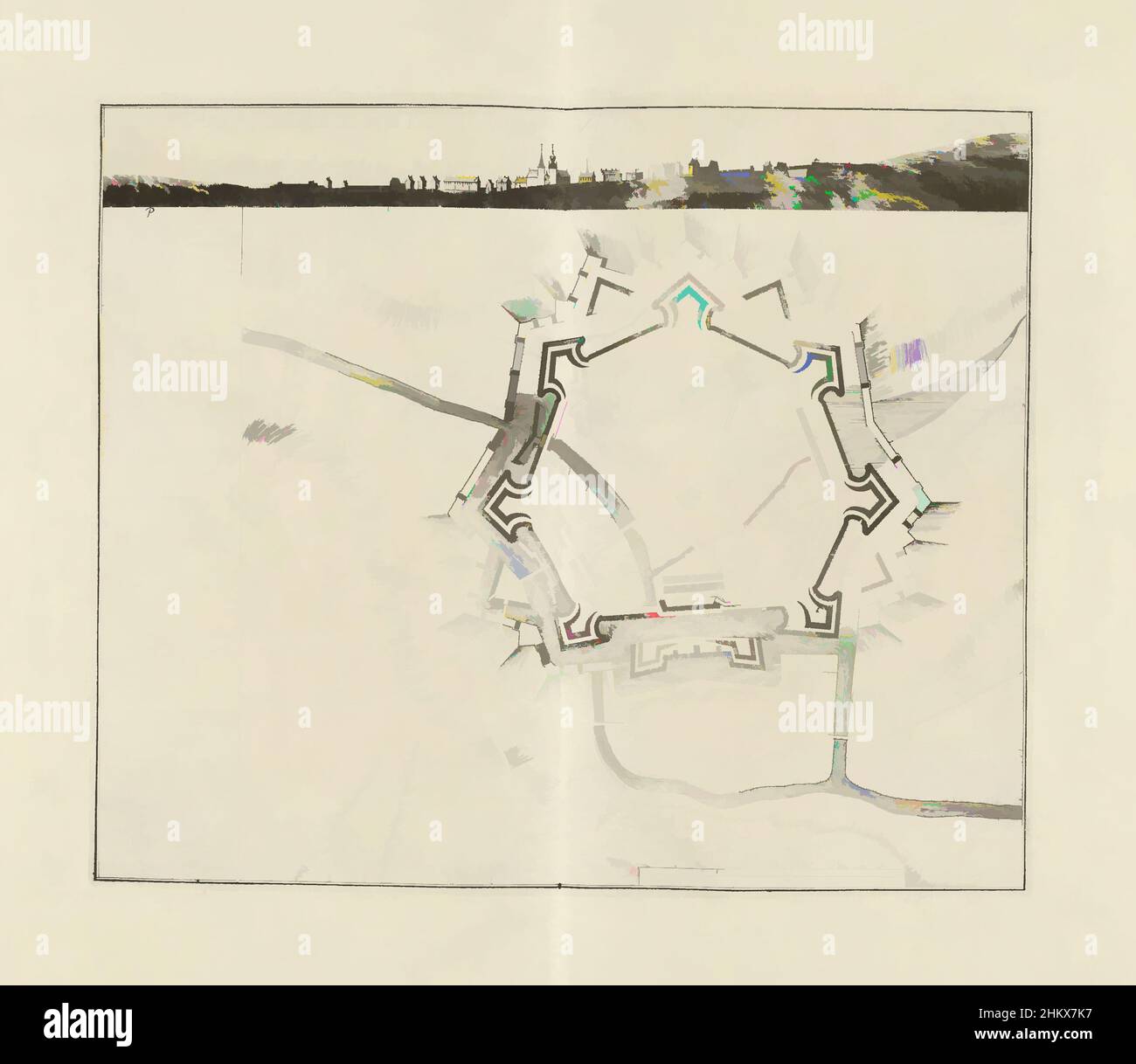 Map of Maubeuge, 1709, Plan et Profil de la ville de Maubeuge (title on  object), Map of Maubeuge, 1709. Profile of the town at the top, legend 1-40  on the left. Part