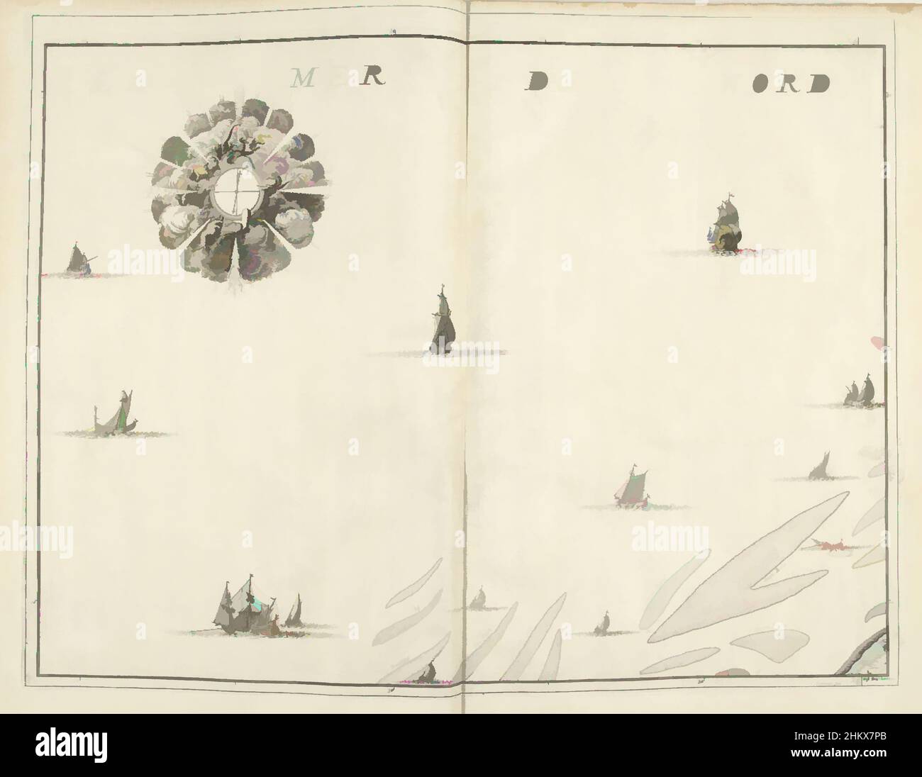 Art inspired by Map of the North Sea, ca. 1706-1712, La Mer du Nord, Map of the North Sea, top left a large compass rose, bottom right Dunkirk, ca. 1706-1712. Part of a bundled collection of plans of battles and cities renowned in the War of the Spanish Succession. This plate is among, Classic works modernized by Artotop with a splash of modernity. Shapes, color and value, eye-catching visual impact on art. Emotions through freedom of artworks in a contemporary way. A timeless message pursuing a wildly creative new direction. Artists turning to the digital medium and creating the Artotop NFT Stock Photo