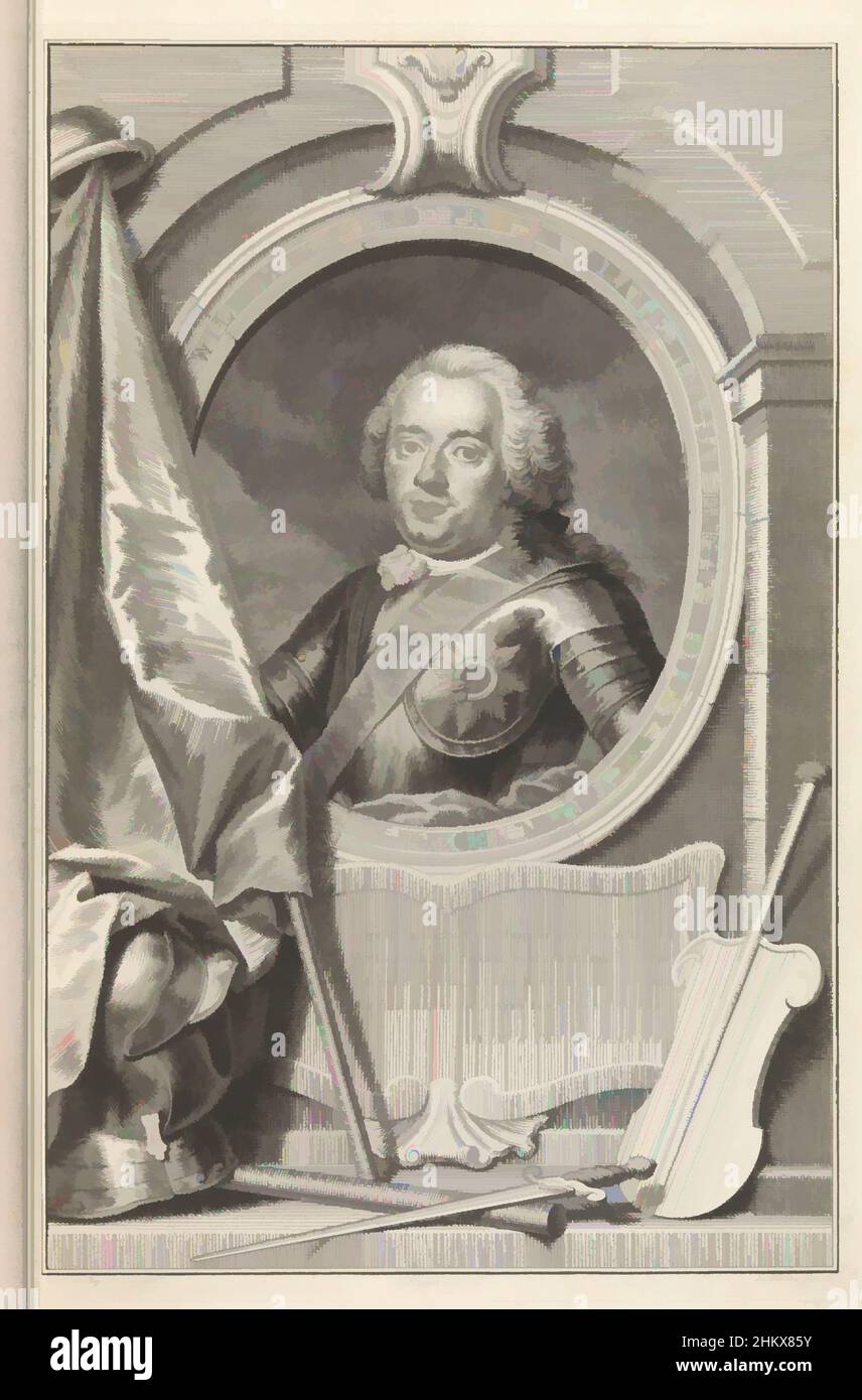 Art inspired by Portrait of William IV, 1751, Portrait of stanchion William IV in armor, oval in a stone wall. In front of the portrait a banner, helmet, helm and dagger. Below the portrait a verse by the Vlissingen poets' society 'Conamur tenues grandia'. Illustration in the book about, Classic works modernized by Artotop with a splash of modernity. Shapes, color and value, eye-catching visual impact on art. Emotions through freedom of artworks in a contemporary way. A timeless message pursuing a wildly creative new direction. Artists turning to the digital medium and creating the Artotop NFT Stock Photo