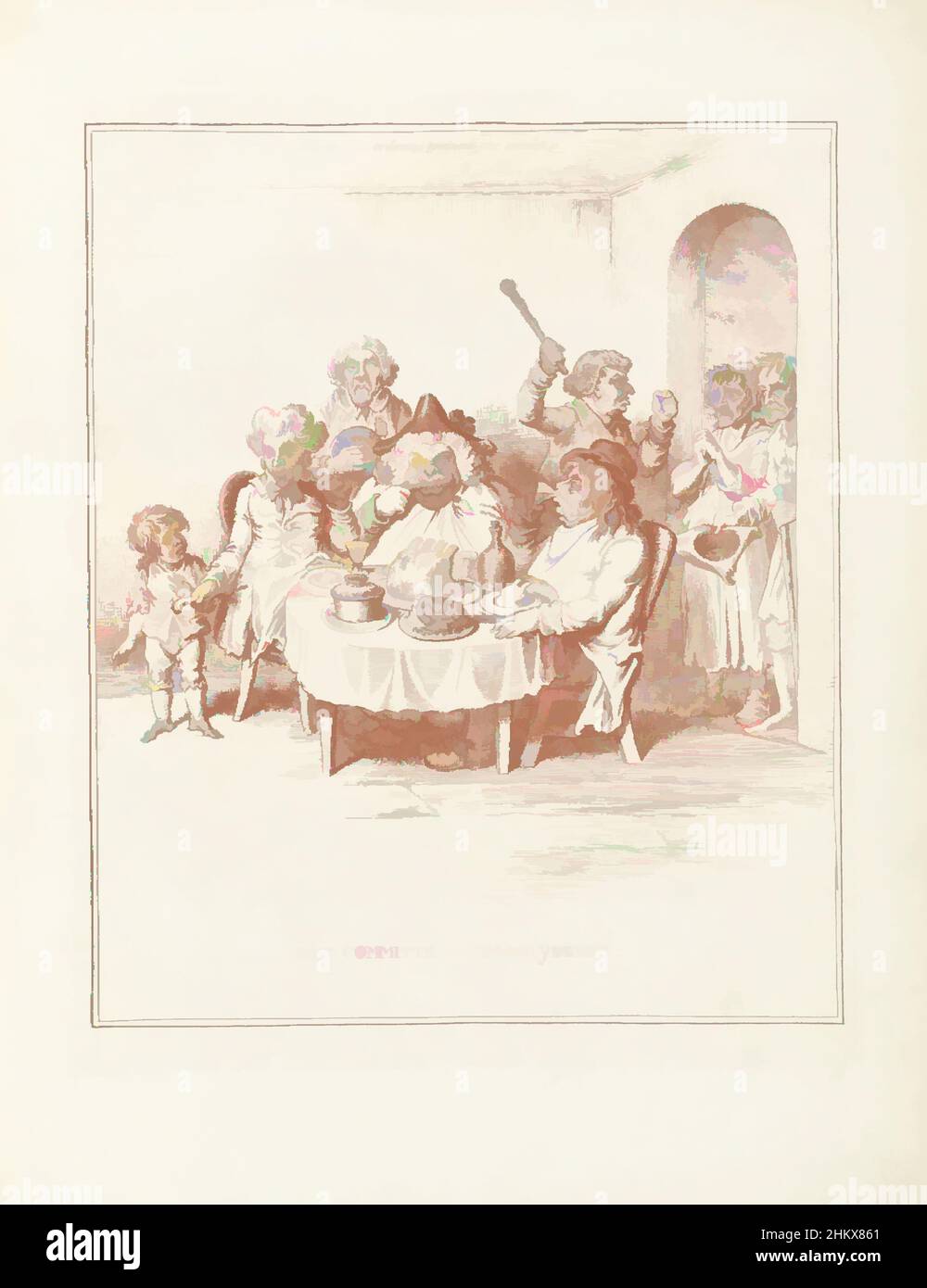 Art inspired by Committee for the Needy, 1795, The Committee for the Needy, Hollandia Regenerata (series title), Cartoon on the Committee for the Needy, 1795. Members of the committee feast at a table on a rich meal. A begging couple at the door is chased away, on the left a little boy, Classic works modernized by Artotop with a splash of modernity. Shapes, color and value, eye-catching visual impact on art. Emotions through freedom of artworks in a contemporary way. A timeless message pursuing a wildly creative new direction. Artists turning to the digital medium and creating the Artotop NFT Stock Photo